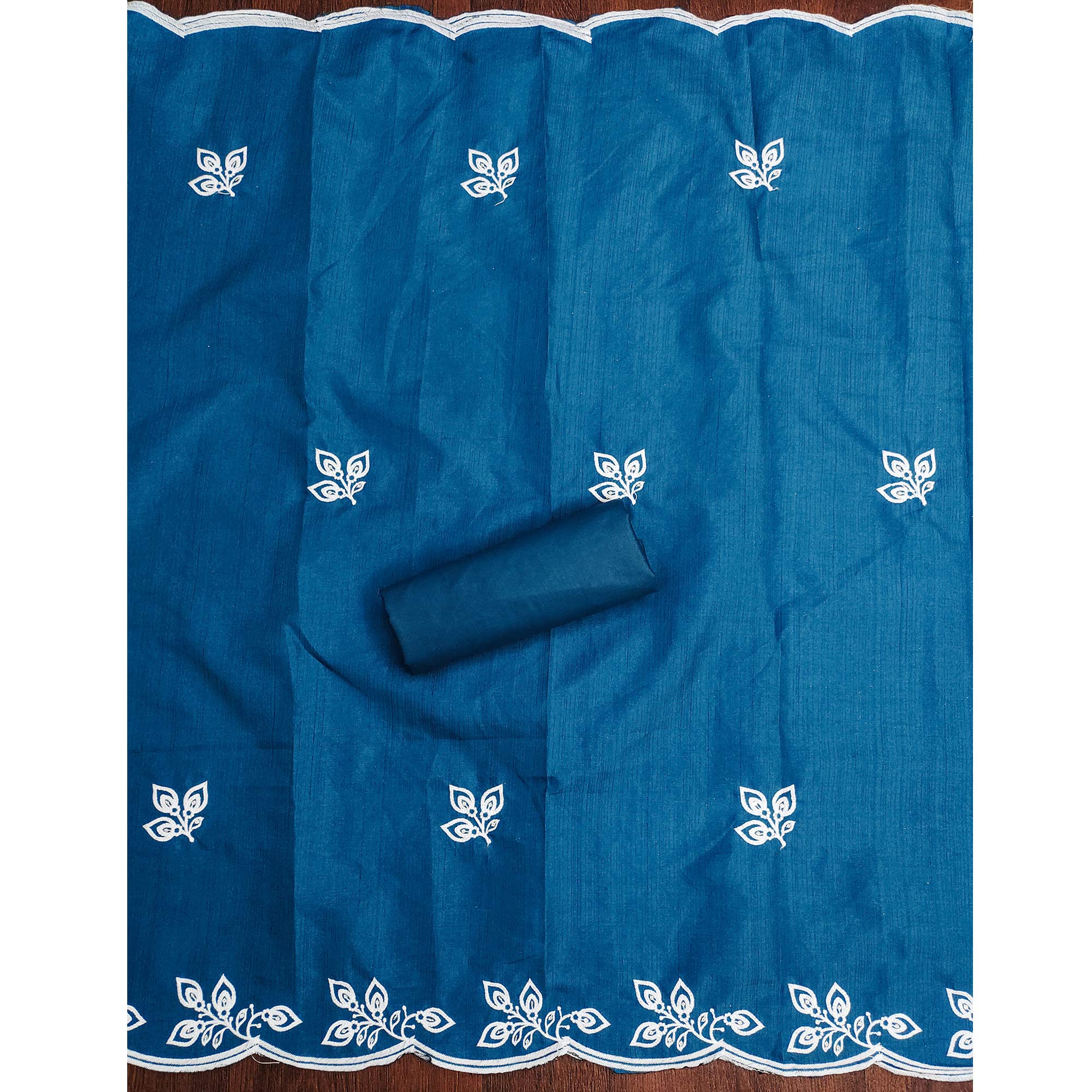 Blue Intricate Floral Embroidered Cotton Blend Dress Material