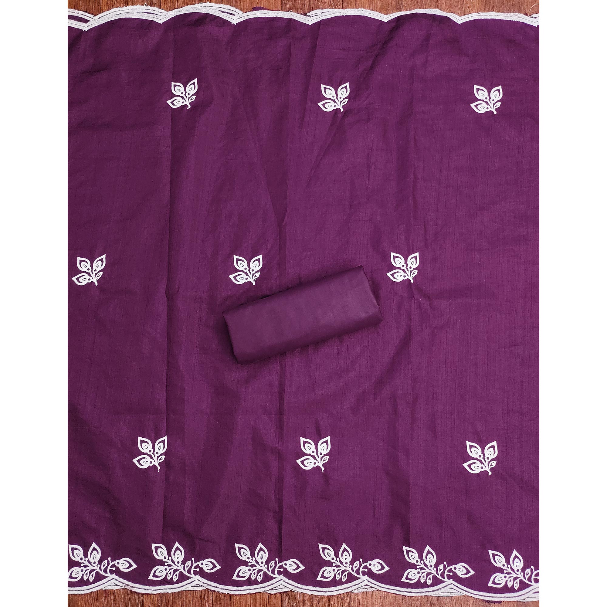 Purple Intricate Floral Embroidered Cotton Blend Dress Material