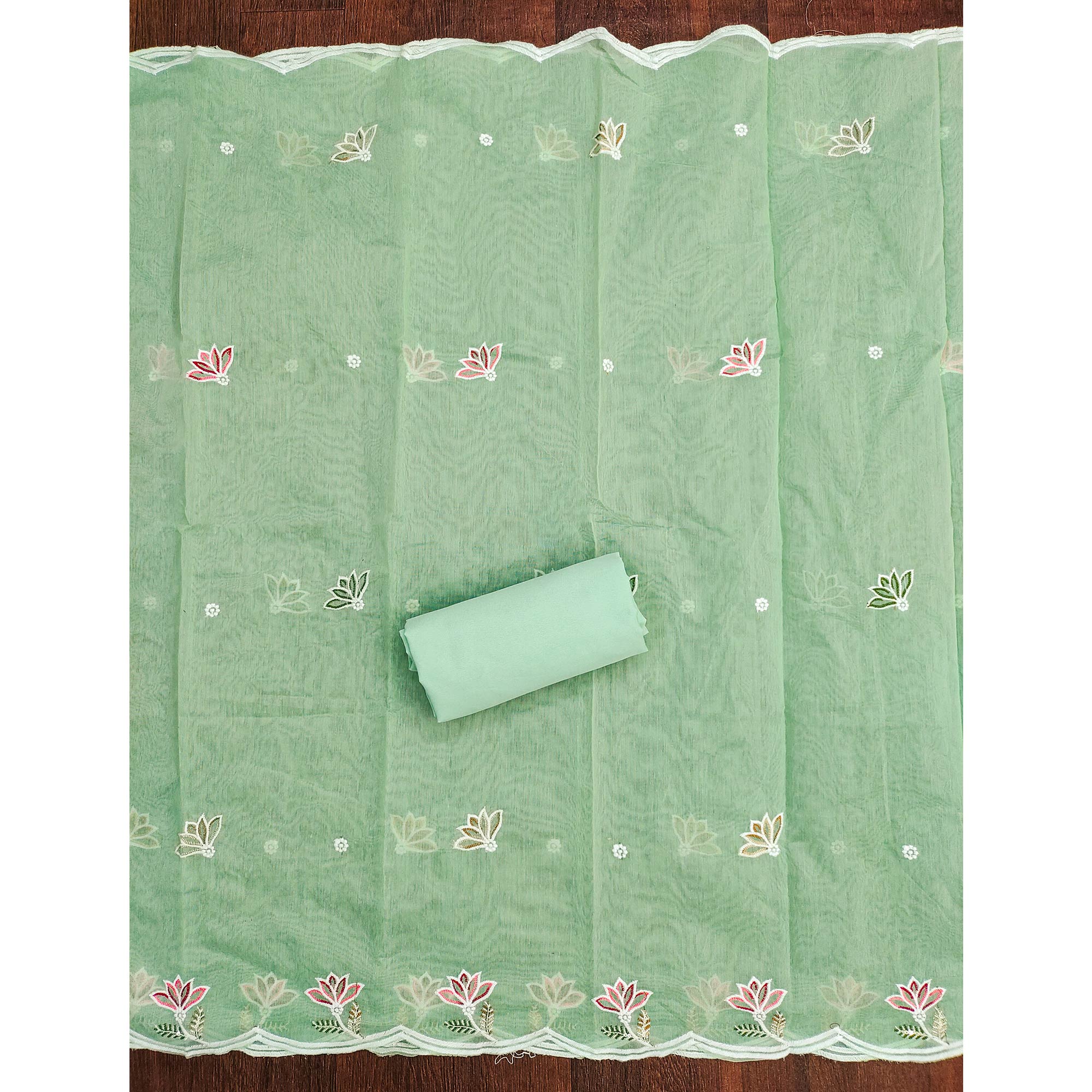 Rich Mint Green Chanderi Cotton Dress Material With Exquisite Floral Thread Embroidery & Sequins