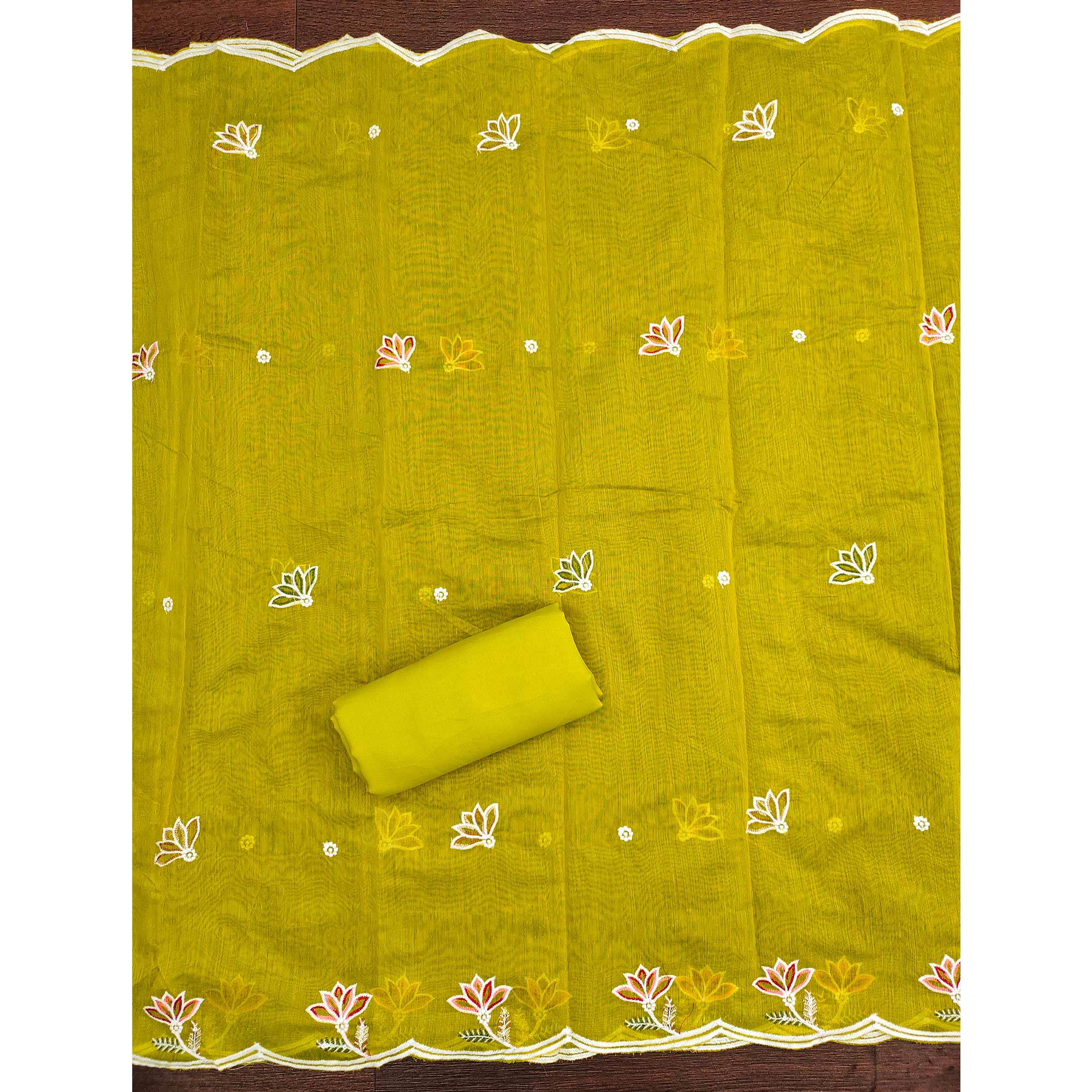 Elegant Olive Chanderi Cotton Dress Material With Floral Thread Embroidery & Sequins Work