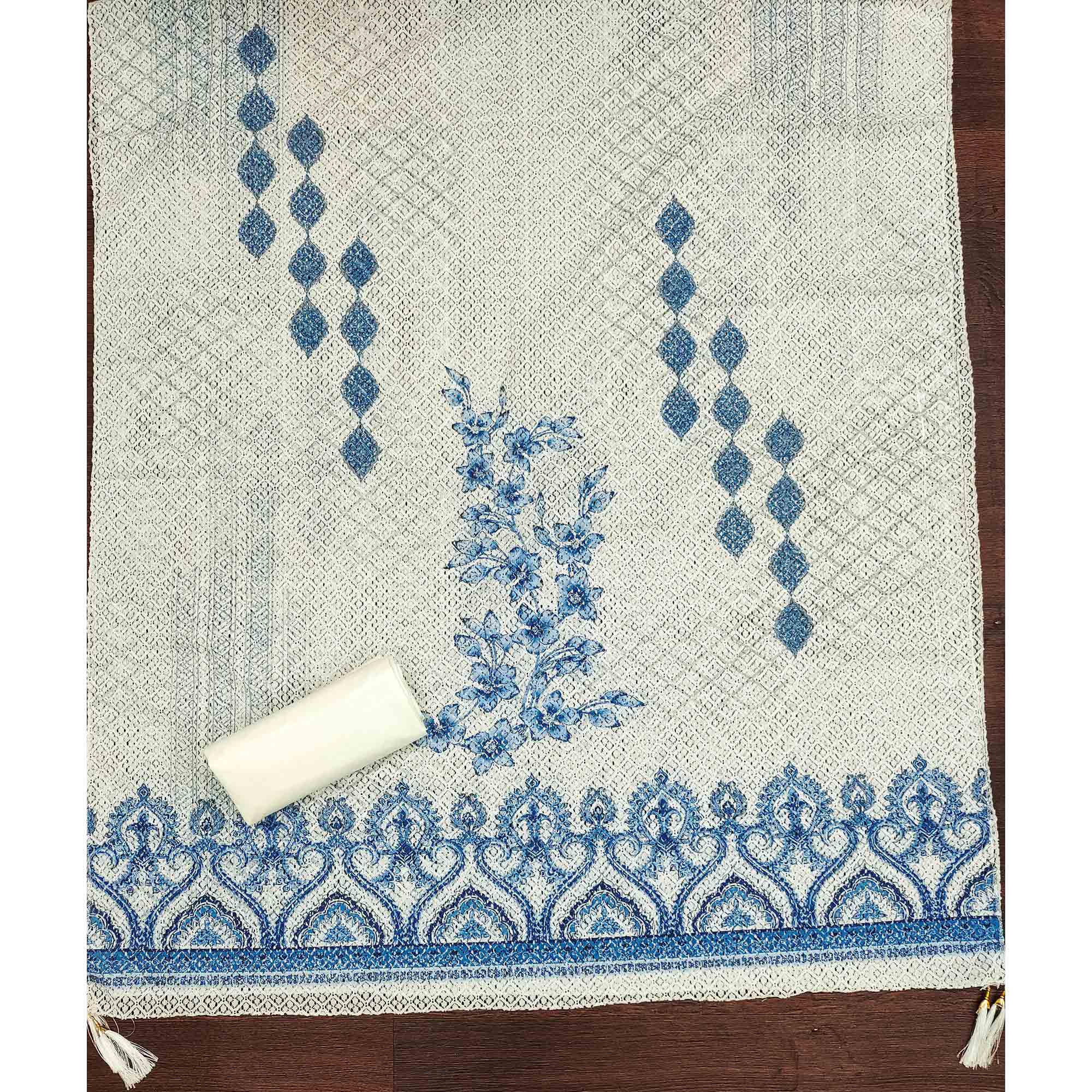 Off-White and Blue Unstitched Suit Material with Classic Schiffli Detailing