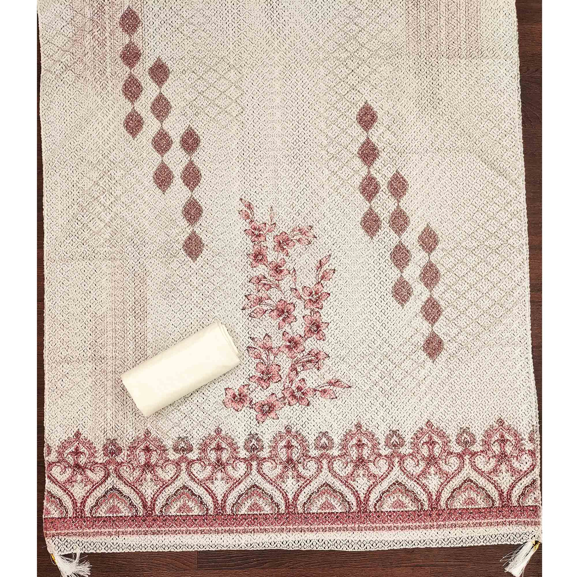 Off-White and Maroon Unstitched Suit Material with Classic Schiffli Detailing