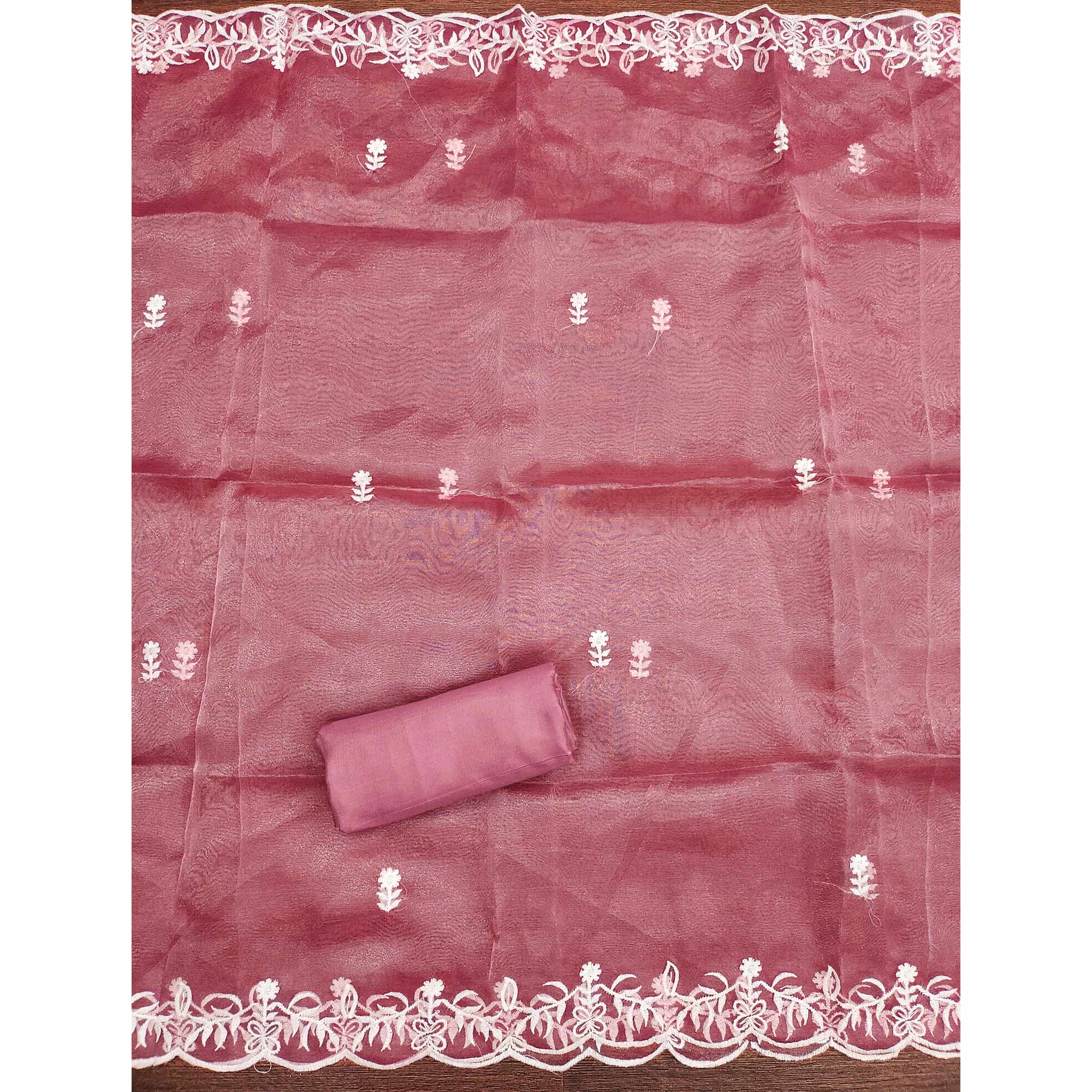 Lightweight Pink Organza Unstitched Suit Material with Intricate Floral Work