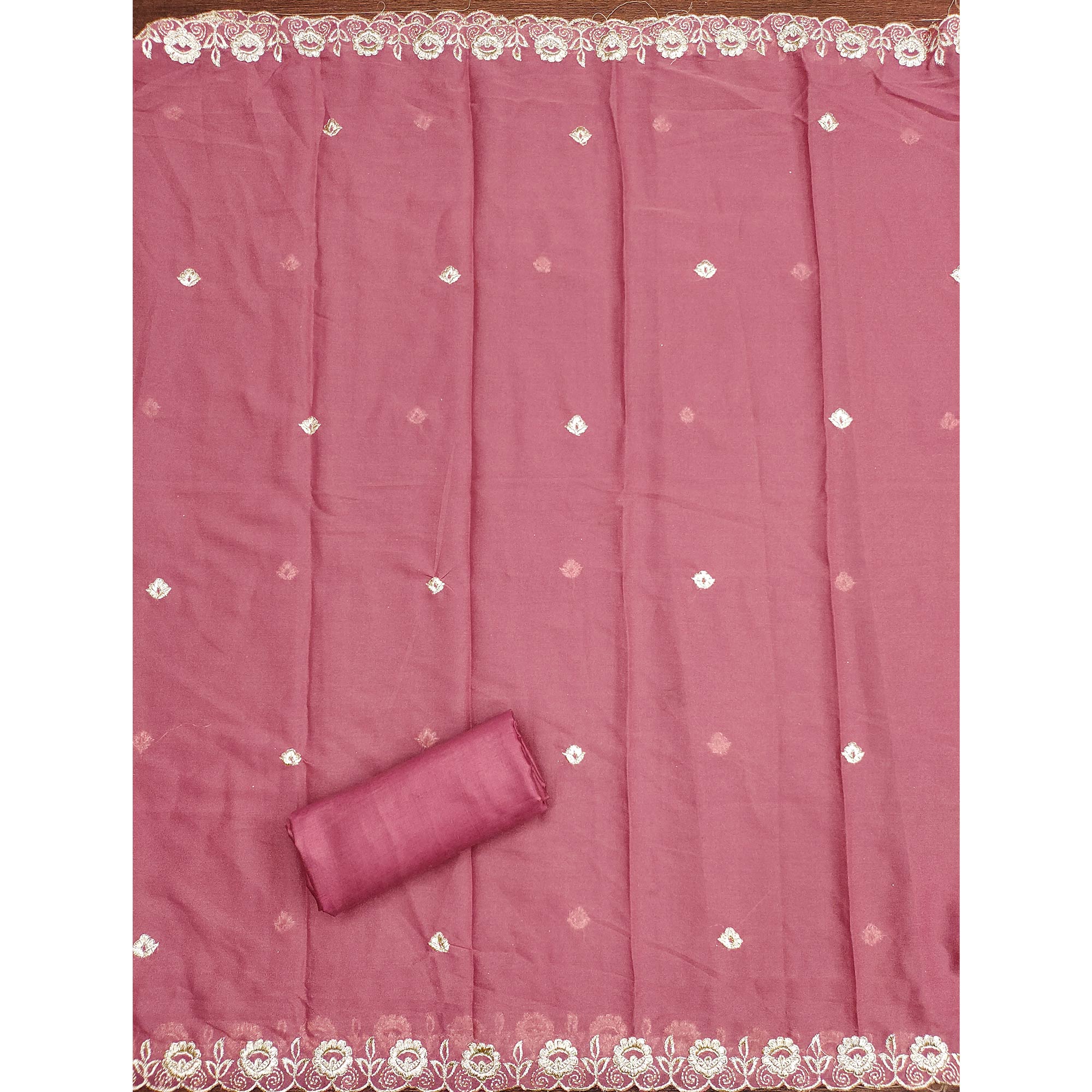 Designer Dusty Pink Floral Work Embroidered Georgette Unstitched Dress Material