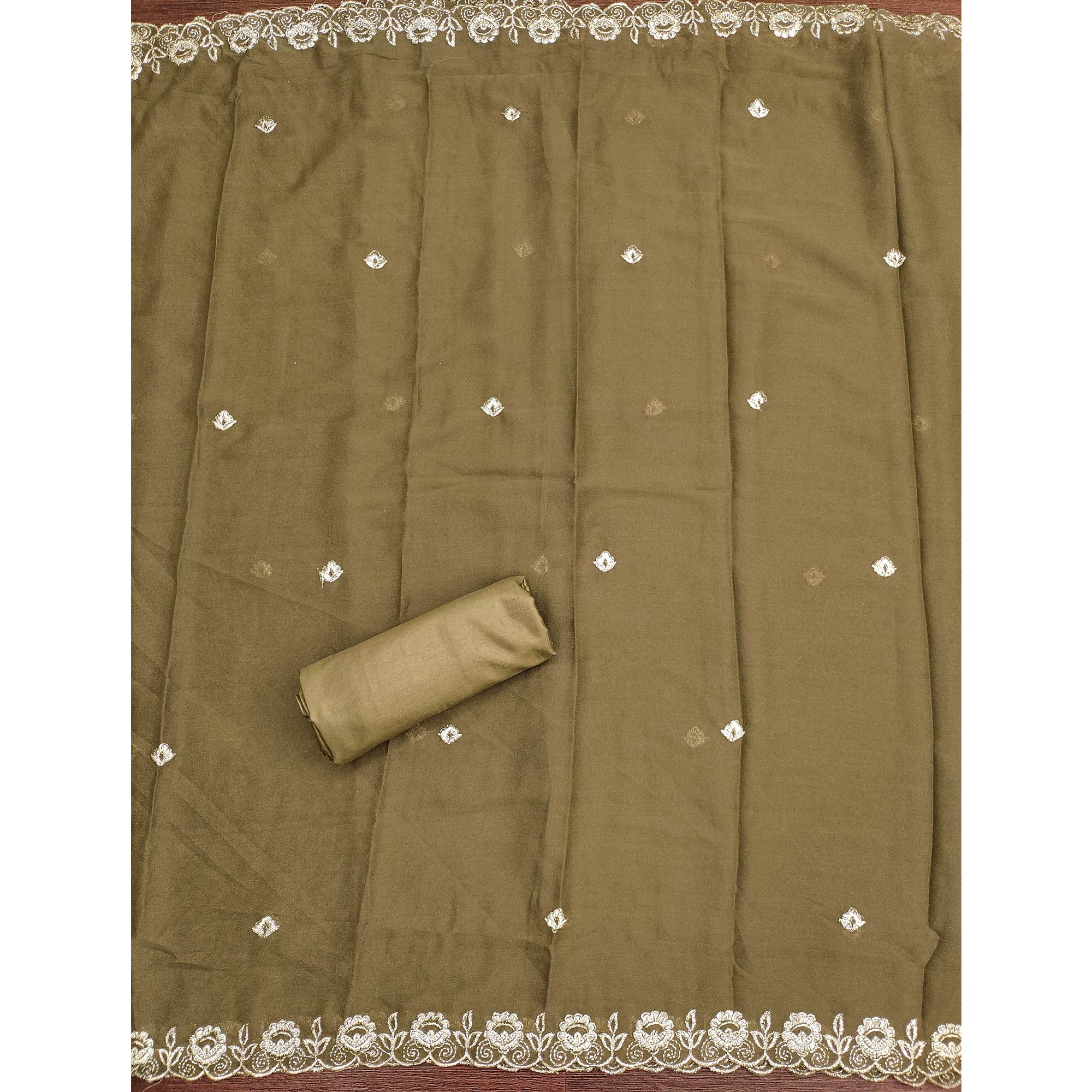 Designer Olive Floral Work Embroidered Georgette Unstitched Dress Material