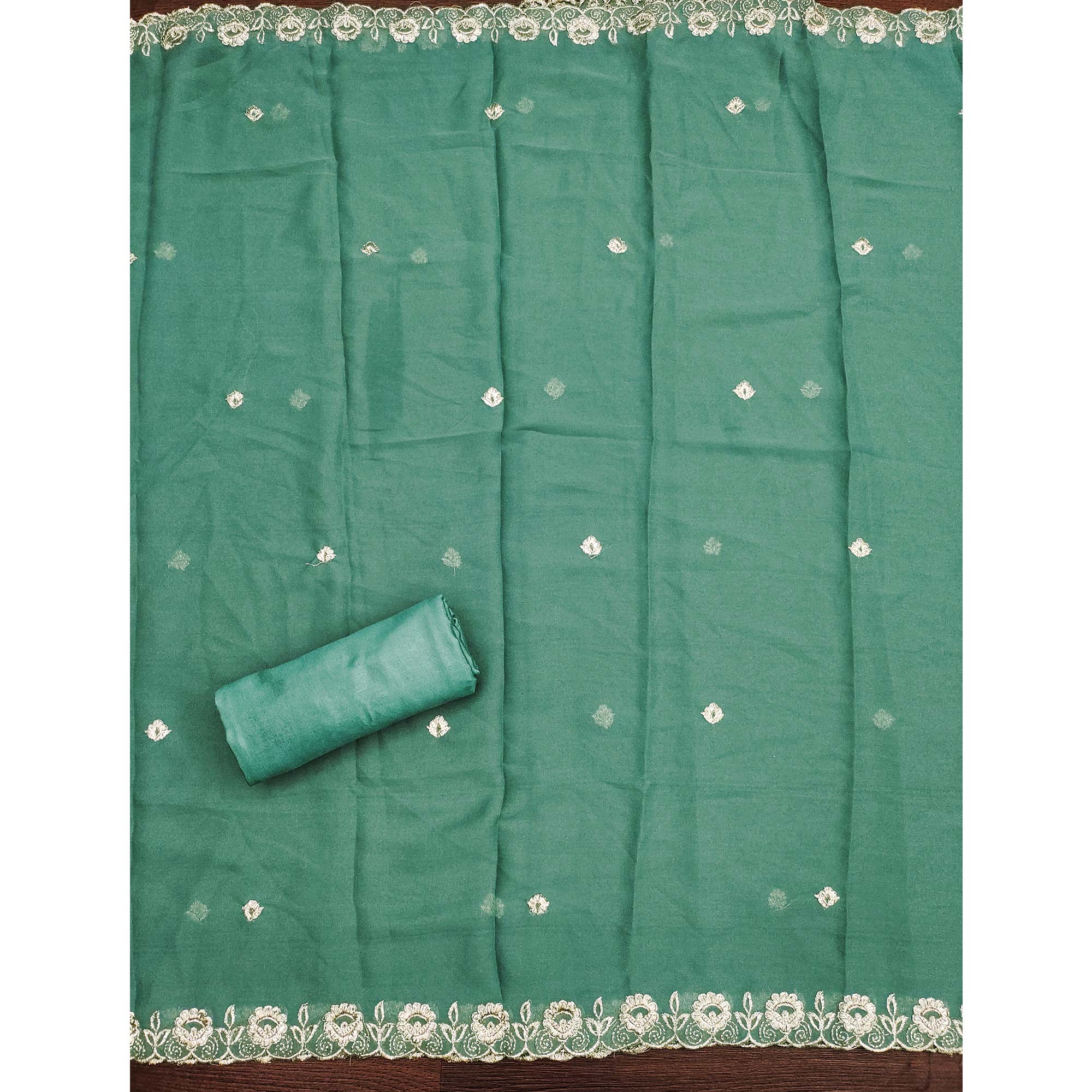 Designer Sea Green Floral Work Embroidered Georgette Unstitched Dress Material