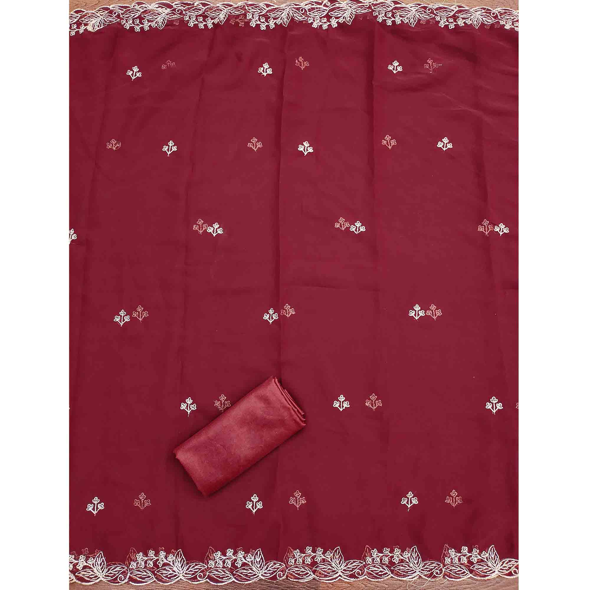 Maroon Star Georgette Unstitched Dress Material with Intricate Embroidery Work