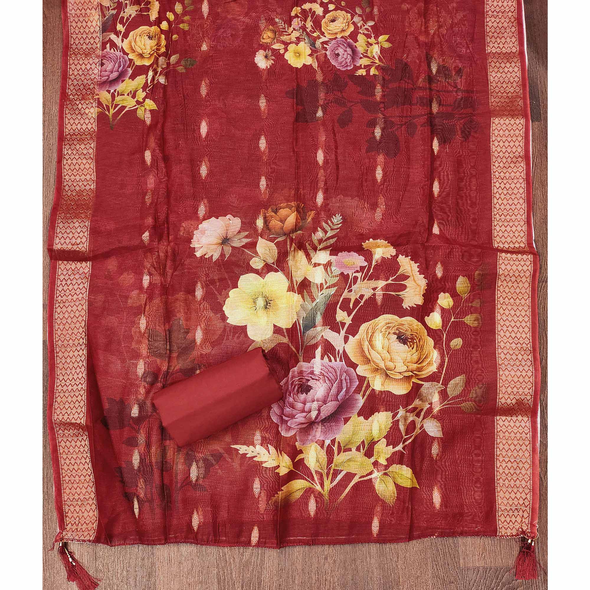Soft Maroon Cotton Blend Unstitched Suit Material with Delicate Floral Embroidery