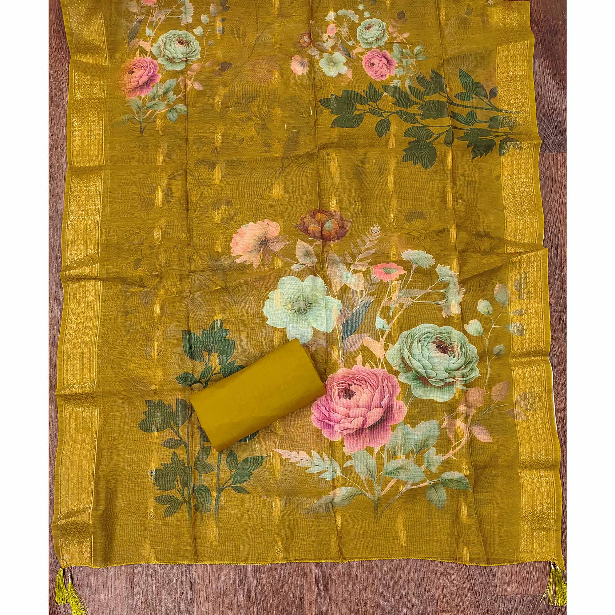 Soft Olive Cotton Blend Unstitched Suit Material with Delicate Floral Embroidery