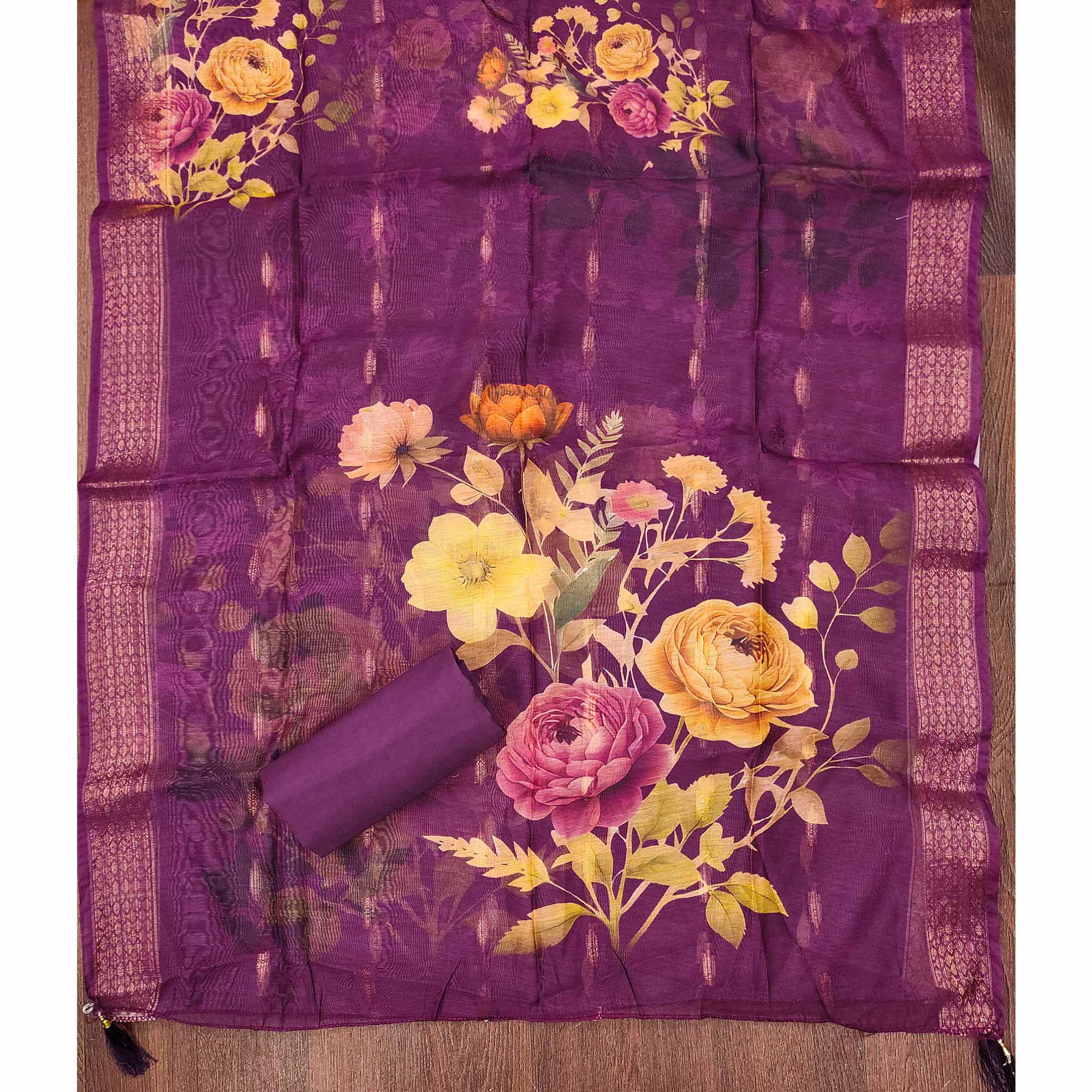 Soft Purple Cotton Blend Unstitched Suit Material with Delicate Floral Embroidery