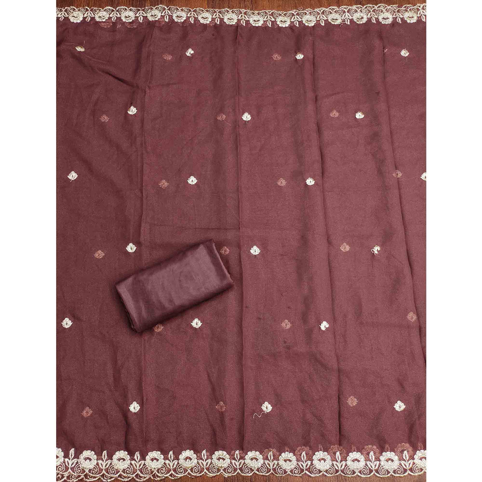 Brown Georgette Dress Material Decorated with Artistic Thread Embroidery Designs