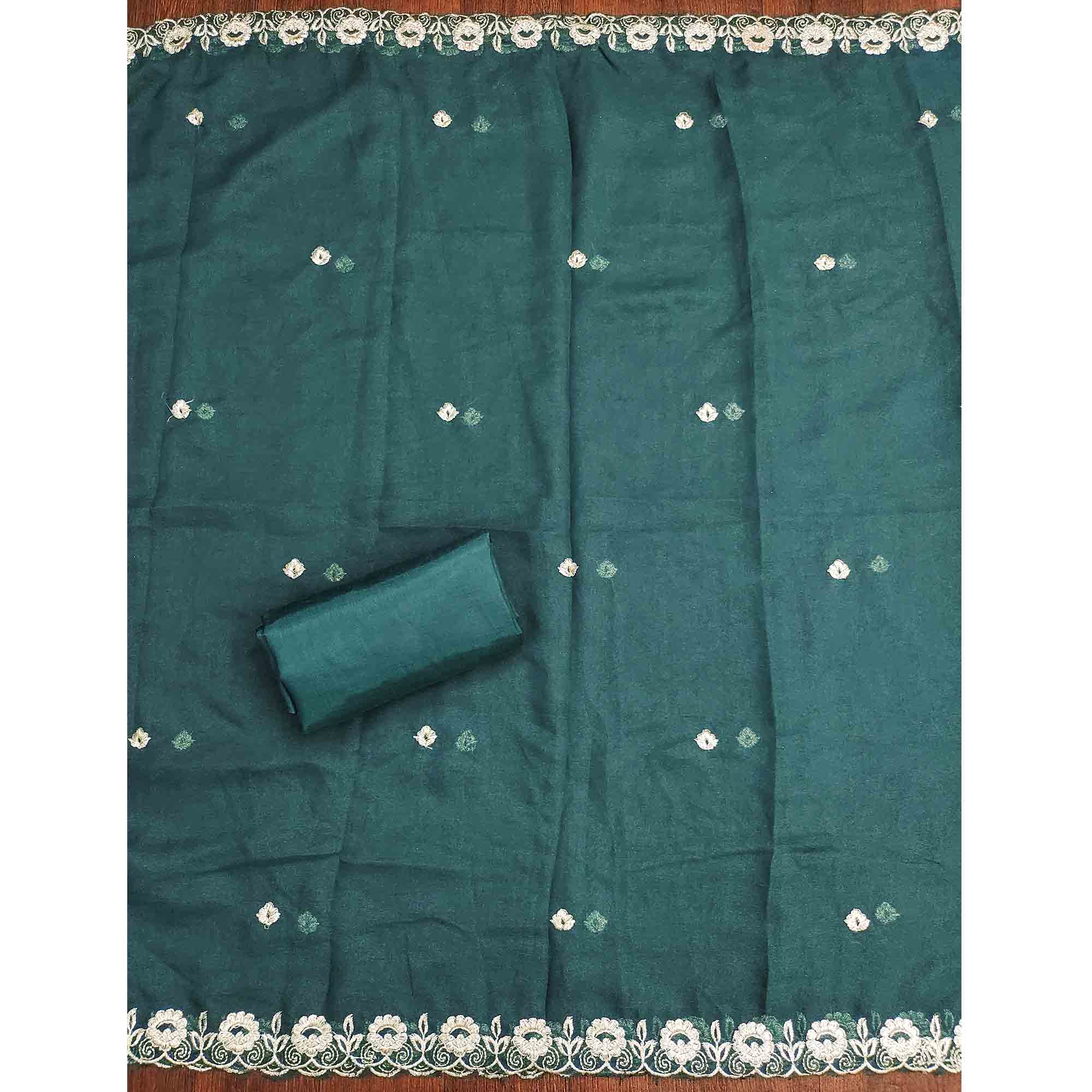 Morpich Green Georgette Dress Material Decorated with Artistic Thread Embroidery Designs