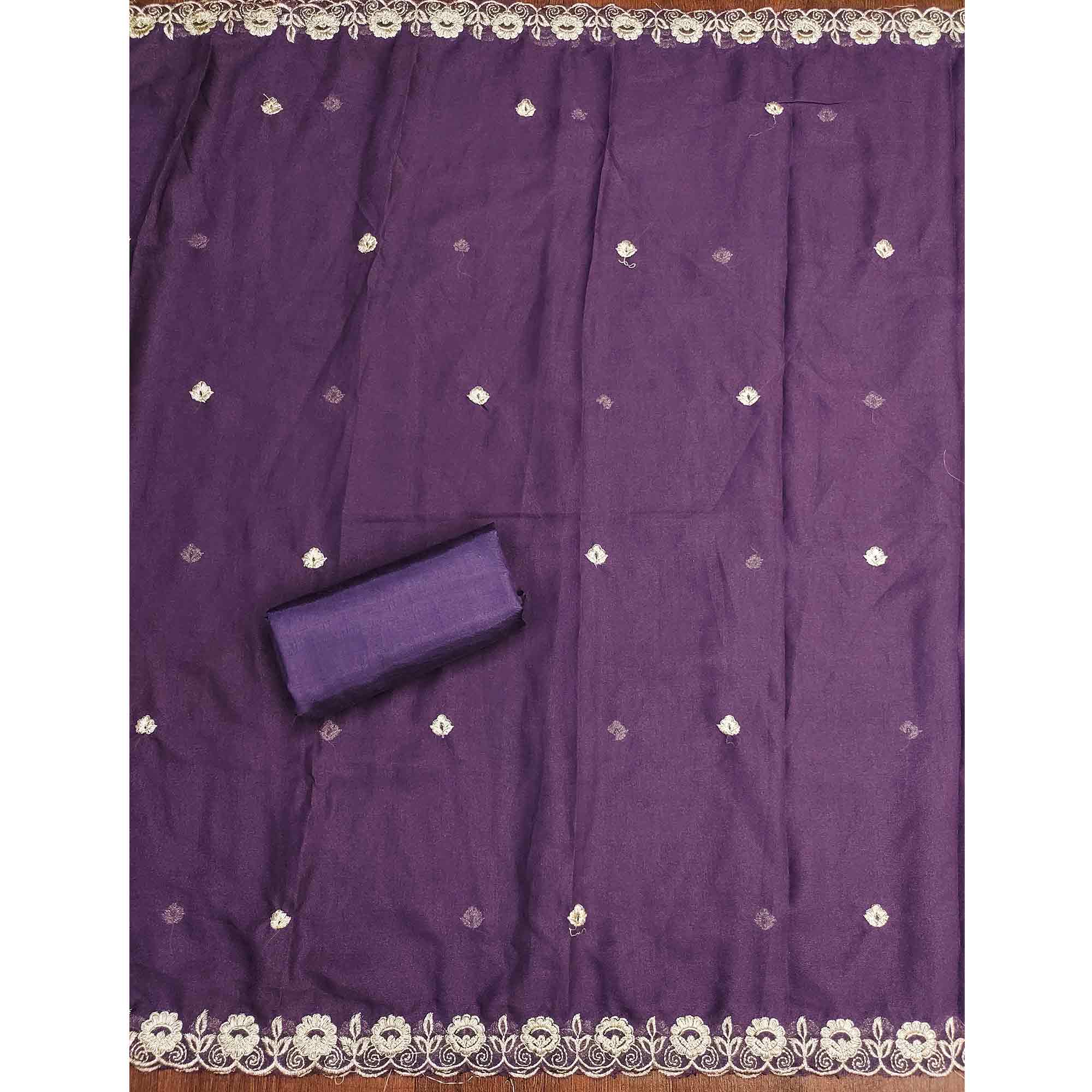 Purple Georgette Dress Material Decorated with Artistic Thread Embroidery Designs