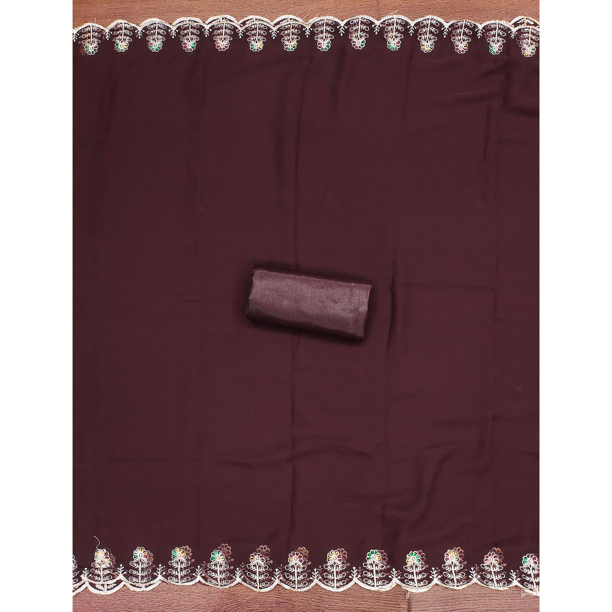 Brown Georgette Dress Material Adorned With Elegant Floral Embroidery & Shimmering Swarovski Work