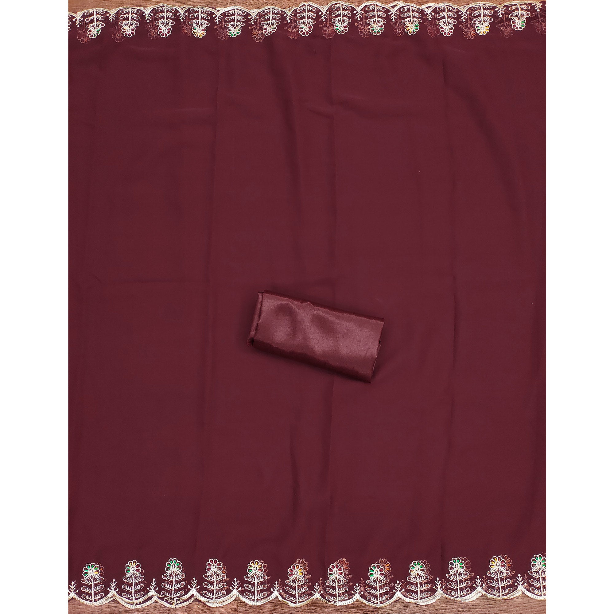 Maroon Georgette Dress Material Adorned With Elegant Floral Embroidery & Shimmering Swarovski Work