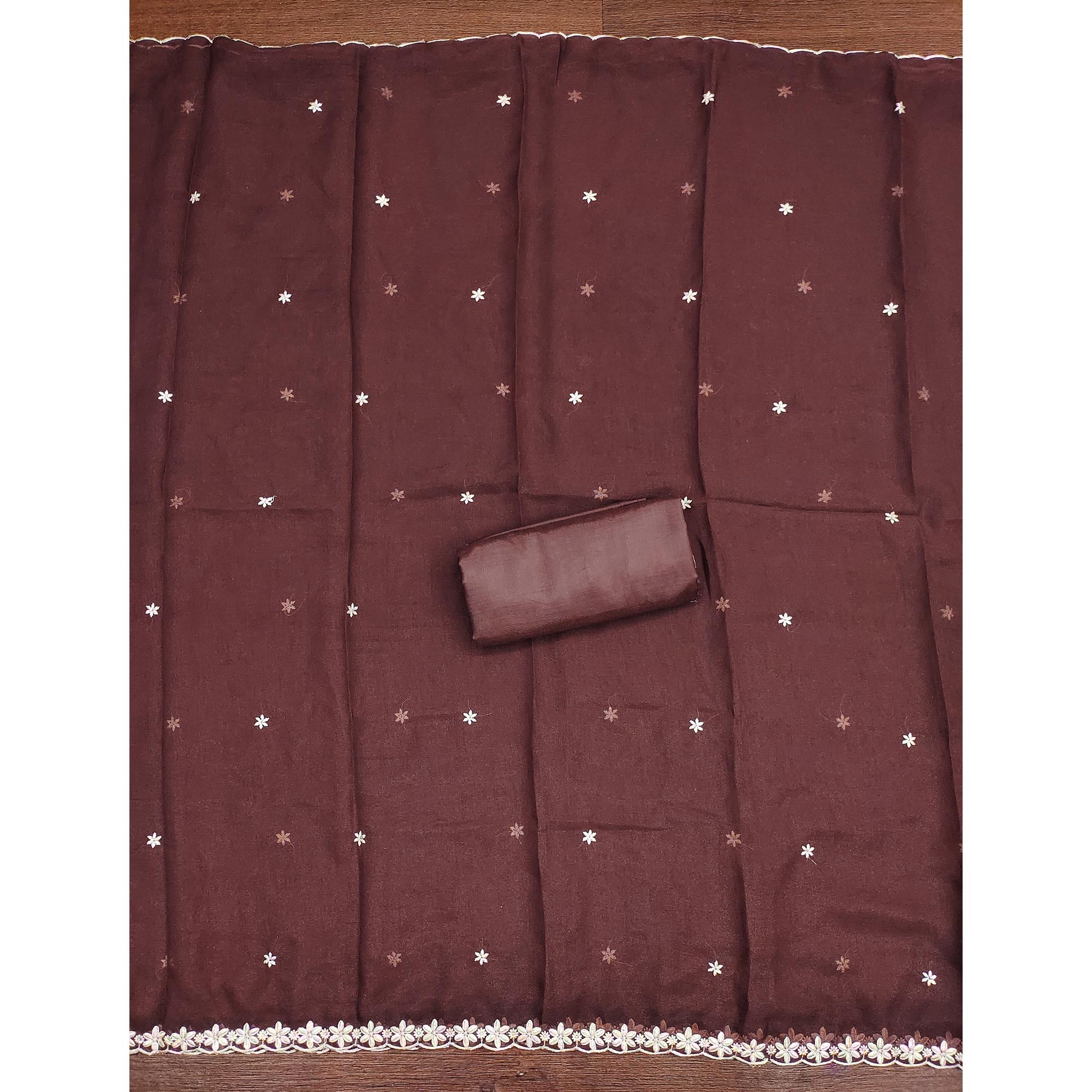 Chic Brown Floral Thread Embroidered Star Georgette Unstitched Suit Fabric