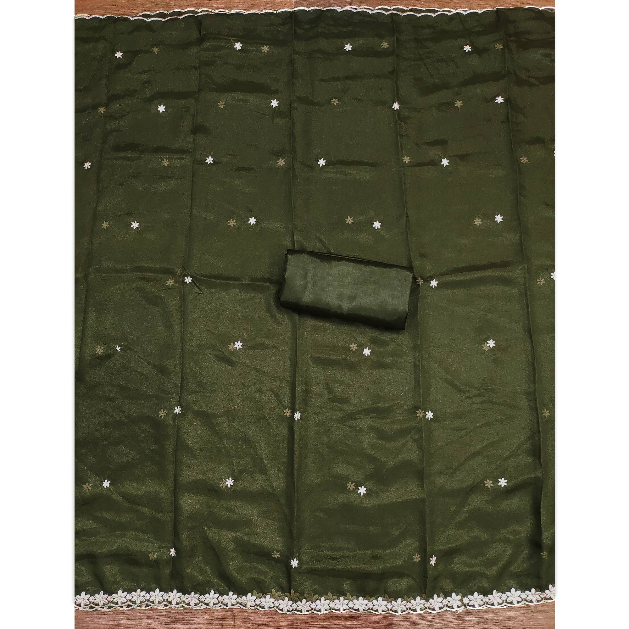 Chic Mehendi Green Floral Thread Embroidered Star Georgette Unstitched Suit Fabric