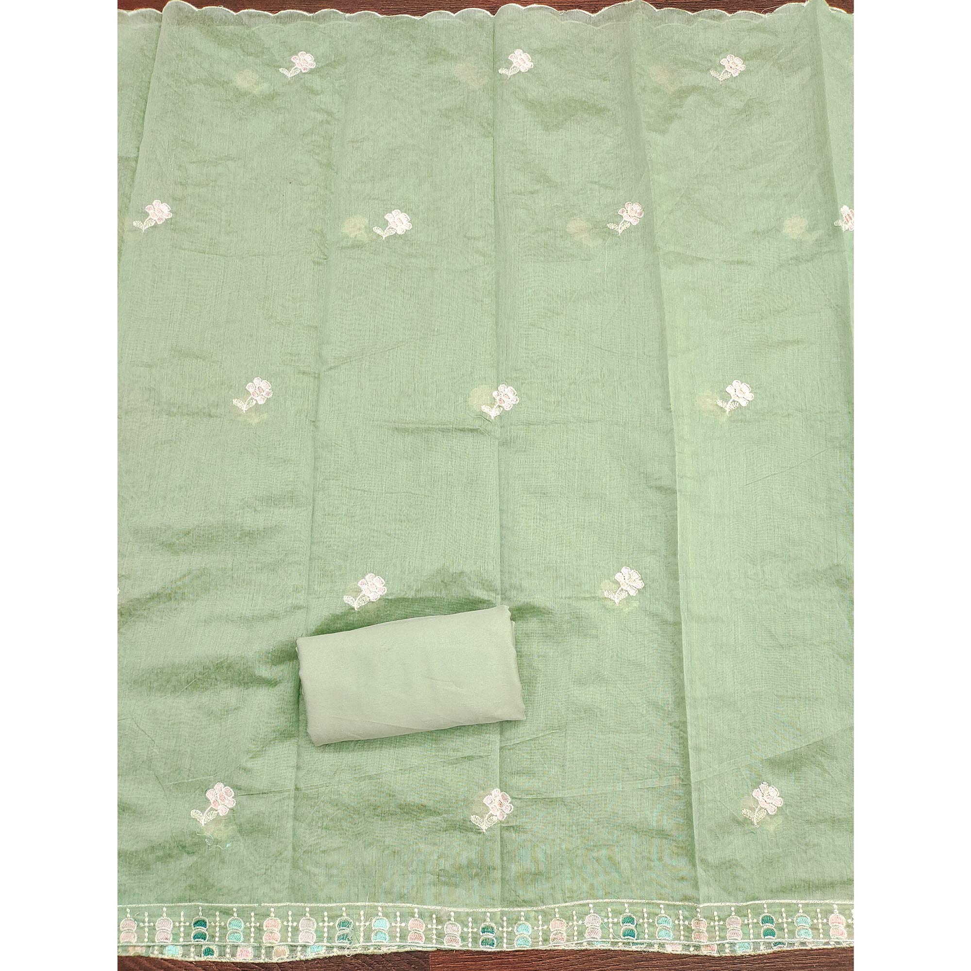 Green Unstitched Suit Material in Premium Floral Thread Embroidered Chanderi Silk