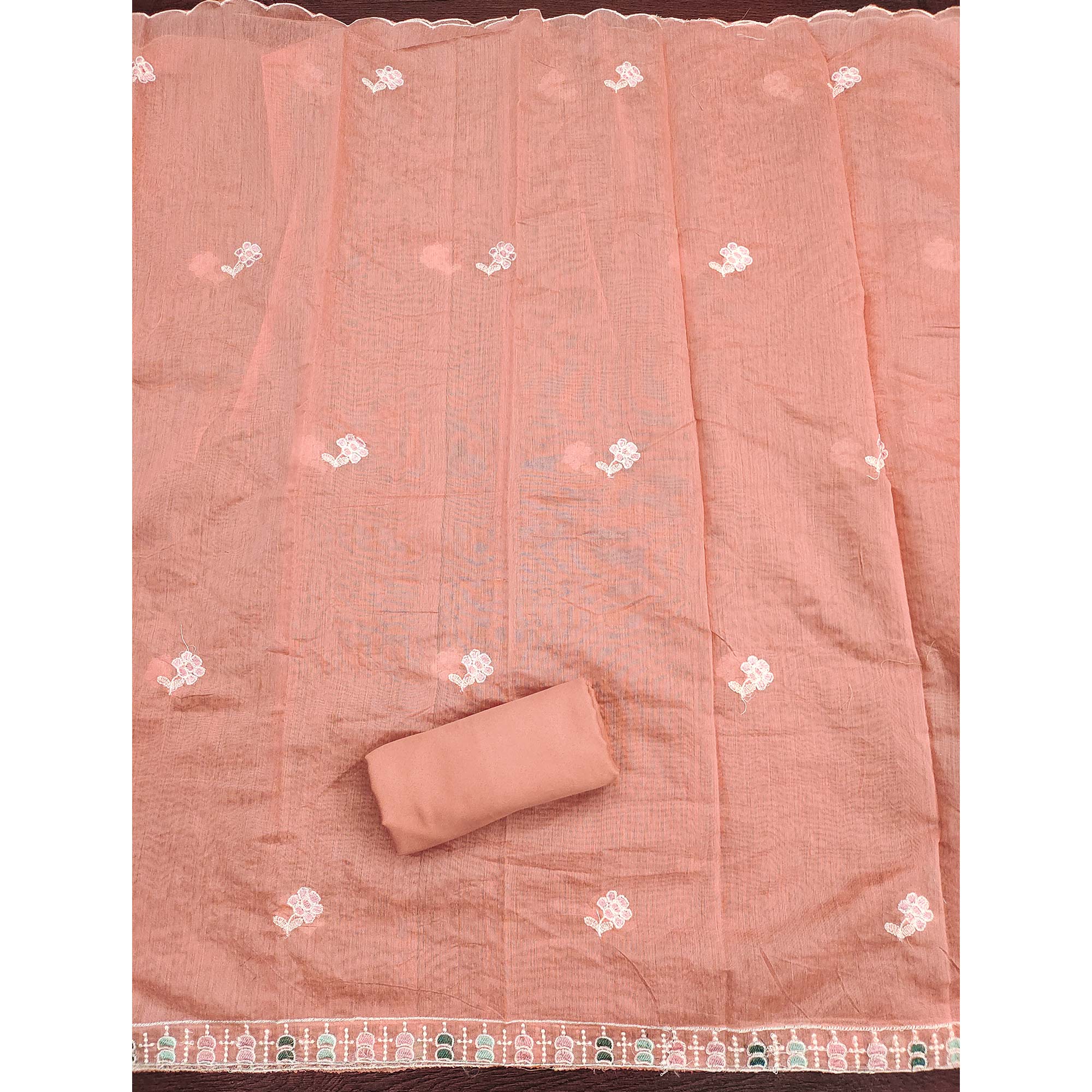 Peach Unstitched Suit Material in Premium Floral Thread Embroidered Chanderi Silk
