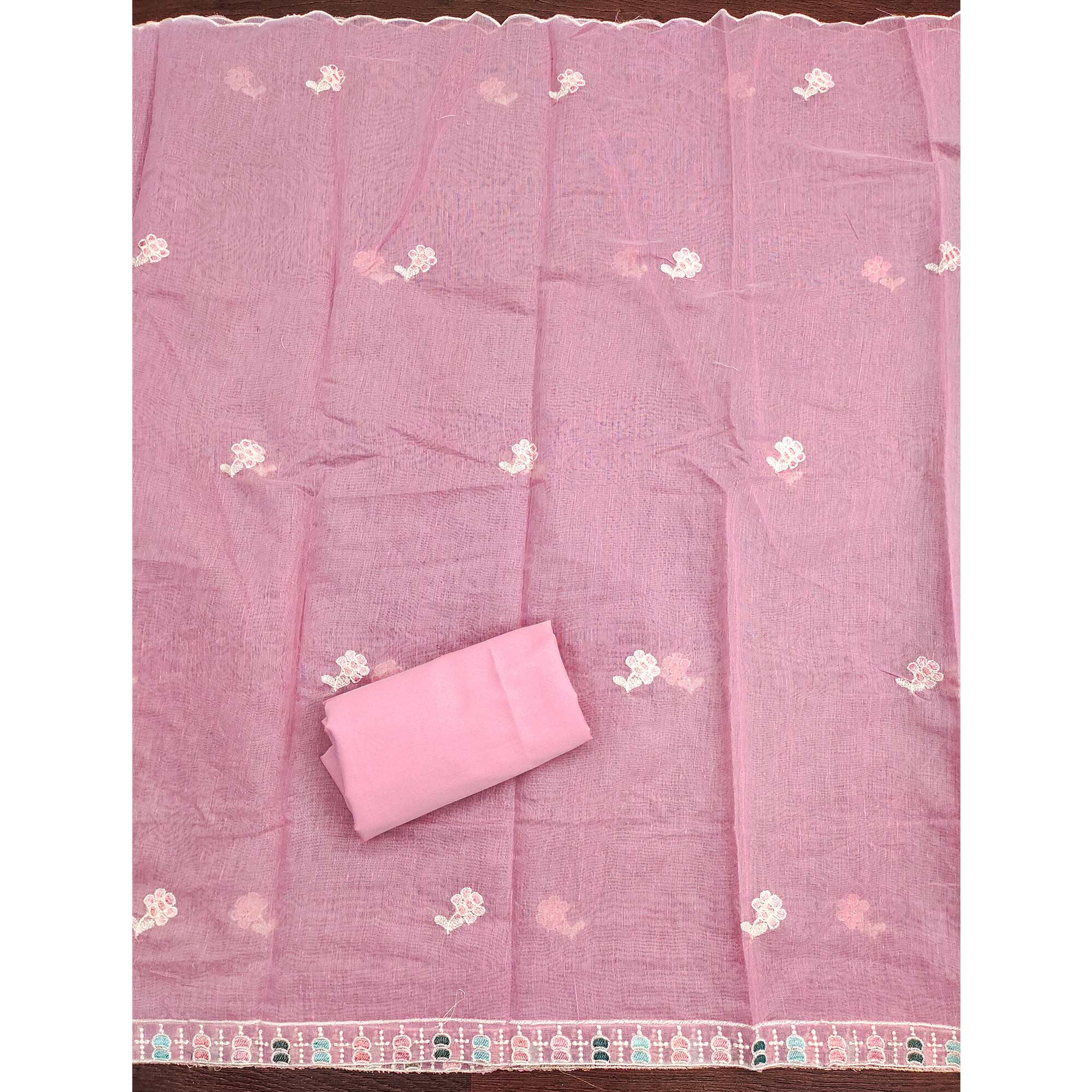 Pink Unstitched Suit Material in Premium Floral Thread Embroidered Chanderi Silk