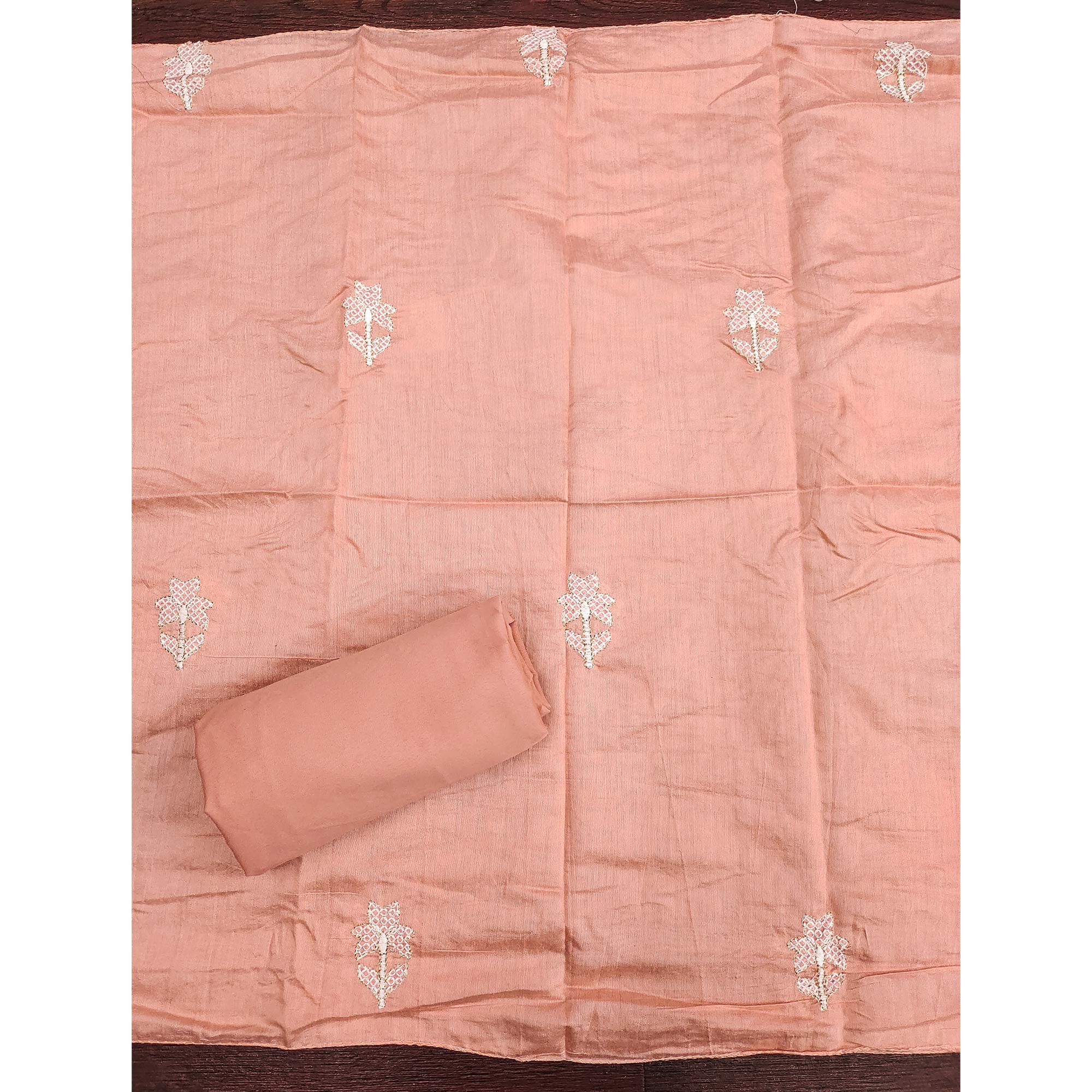 Feminine Peach Floral Thread Work Chanderi Silk Fabric for Traditional & Festive Outfits