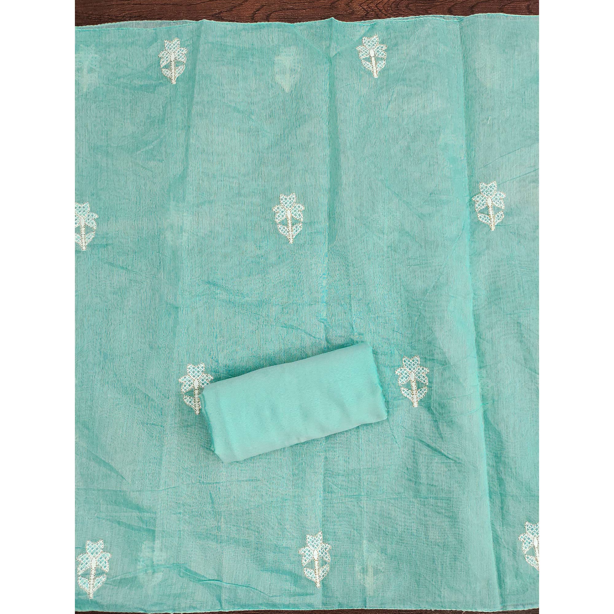 Feminine Turquoise Floral Thread Work Chanderi Silk Fabric for Traditional & Festive Outfits