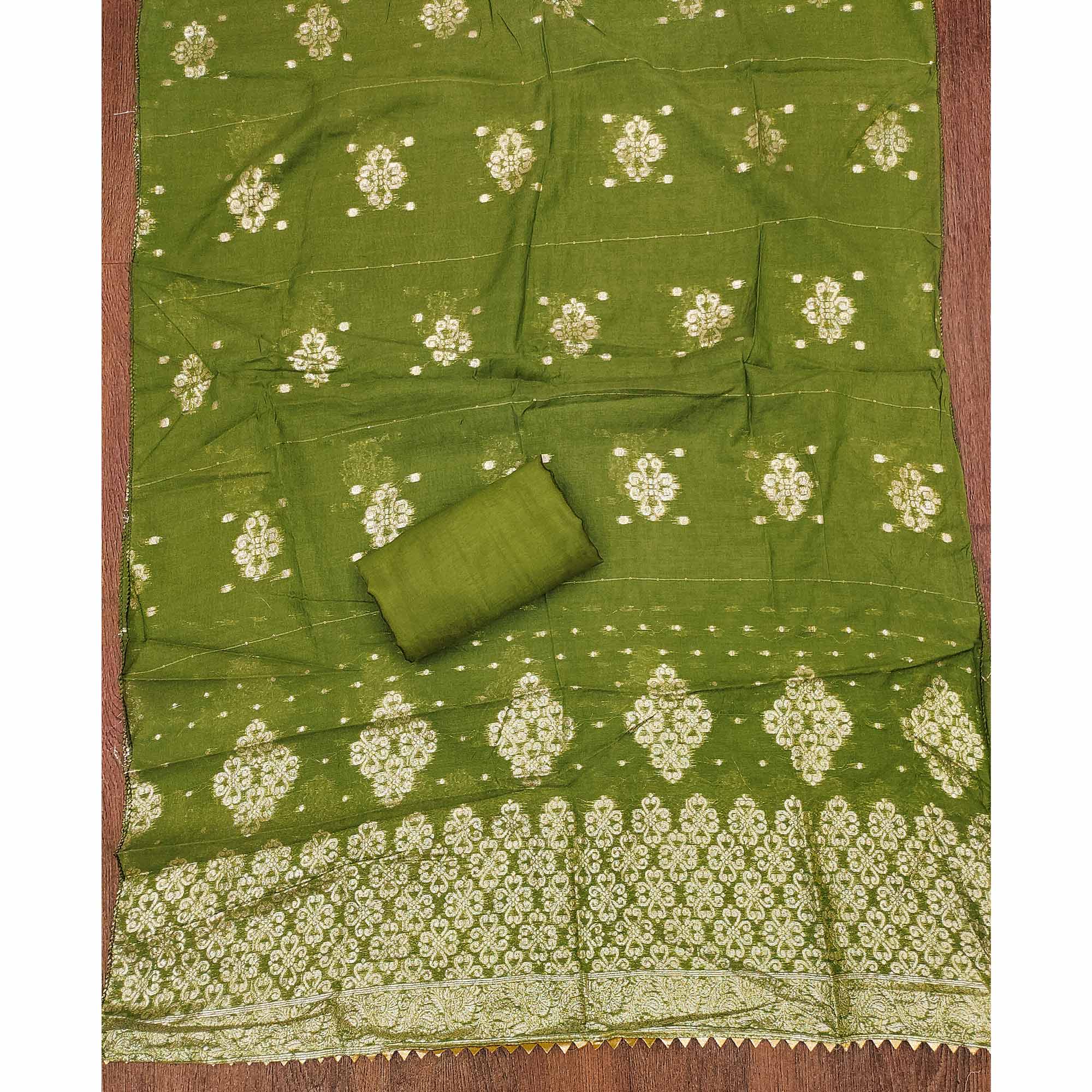 Green Embroidered Shimmer Fabric with Beautiful Zari Work for Unstitched Suits
