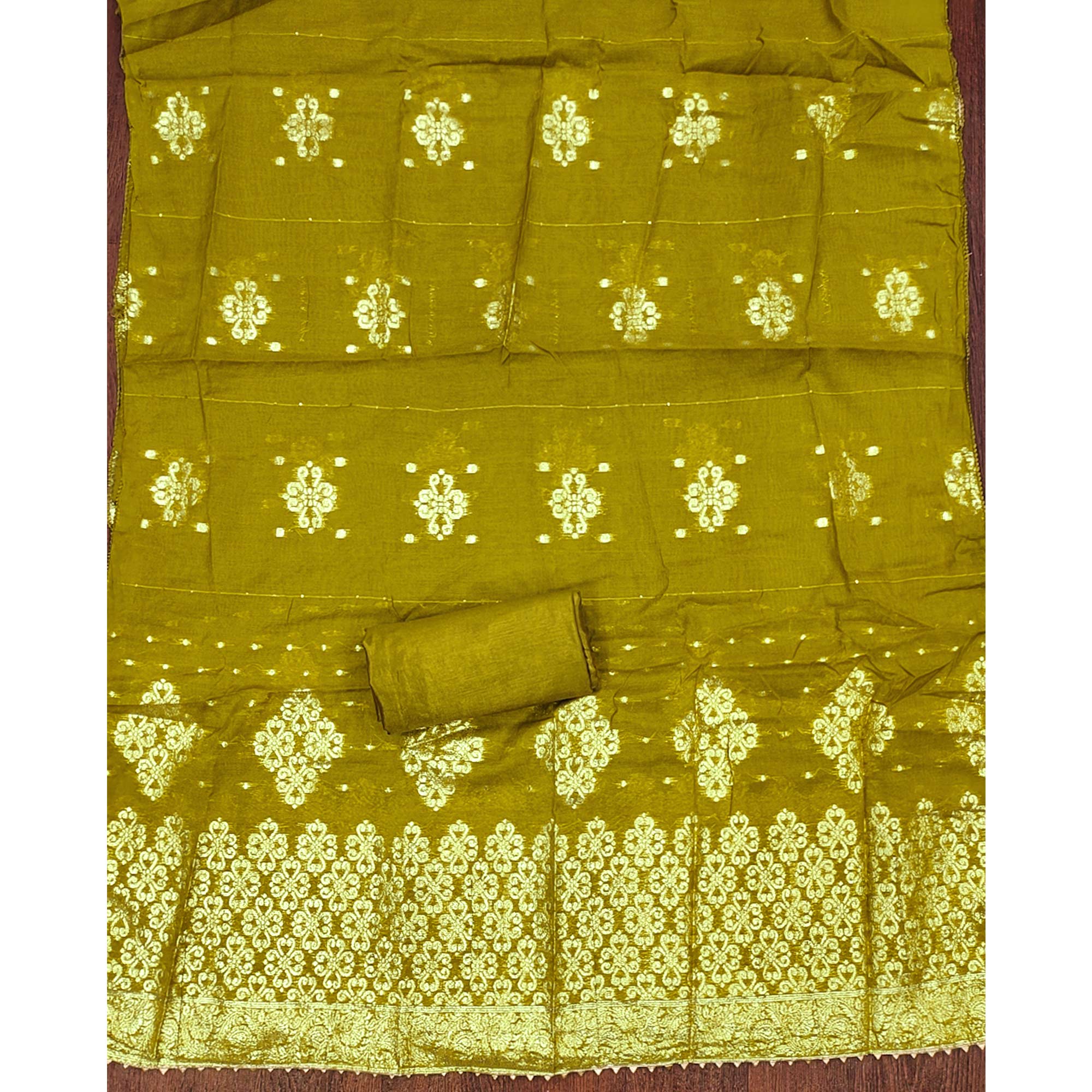 Olive Embroidered Shimmer Fabric with Beautiful Zari Work for Unstitched Suits