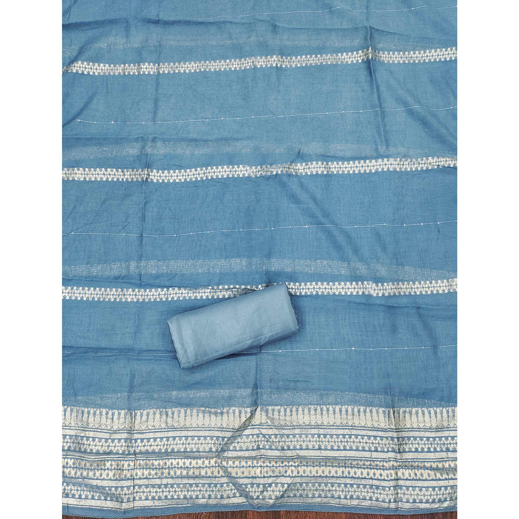 Festive Blue Chanderi Silk Suit Material with Detailed Zari Weaving and Hand Embroidery