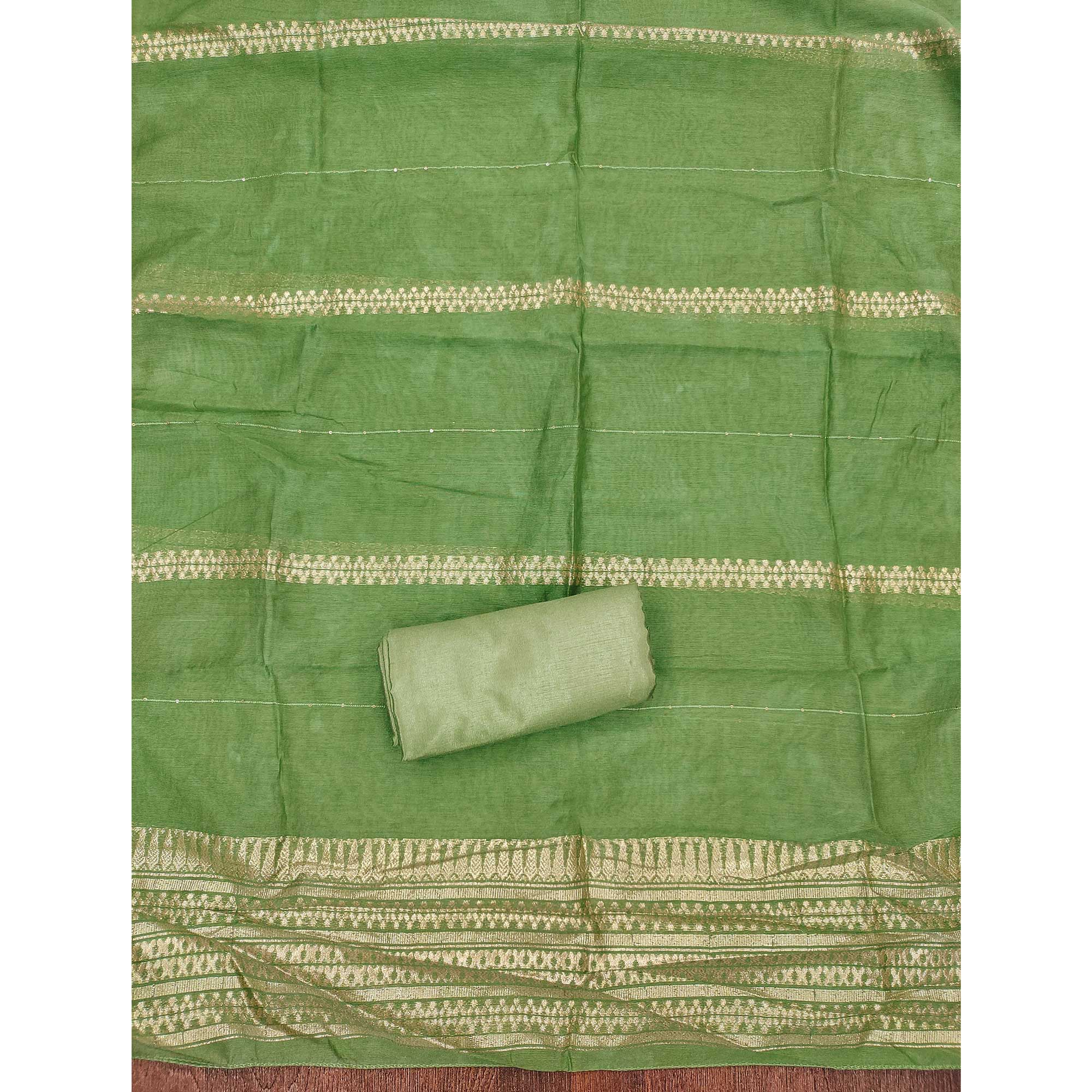 Festive Green Chanderi Silk Suit Material with Detailed Zari Weaving and Hand Embroidery