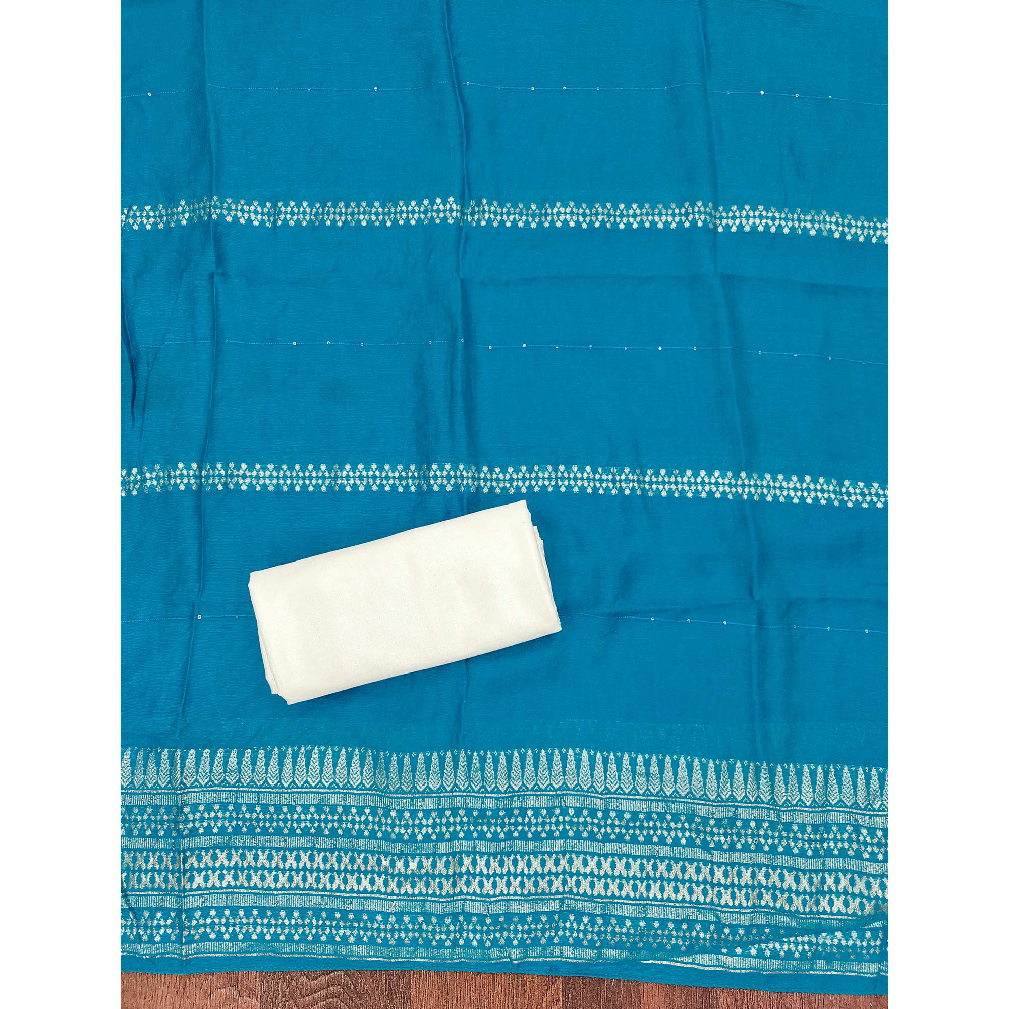 Off-White & Blue Chanderi Silk Unstitched Dress Material with Zari Weaving and Embroidery