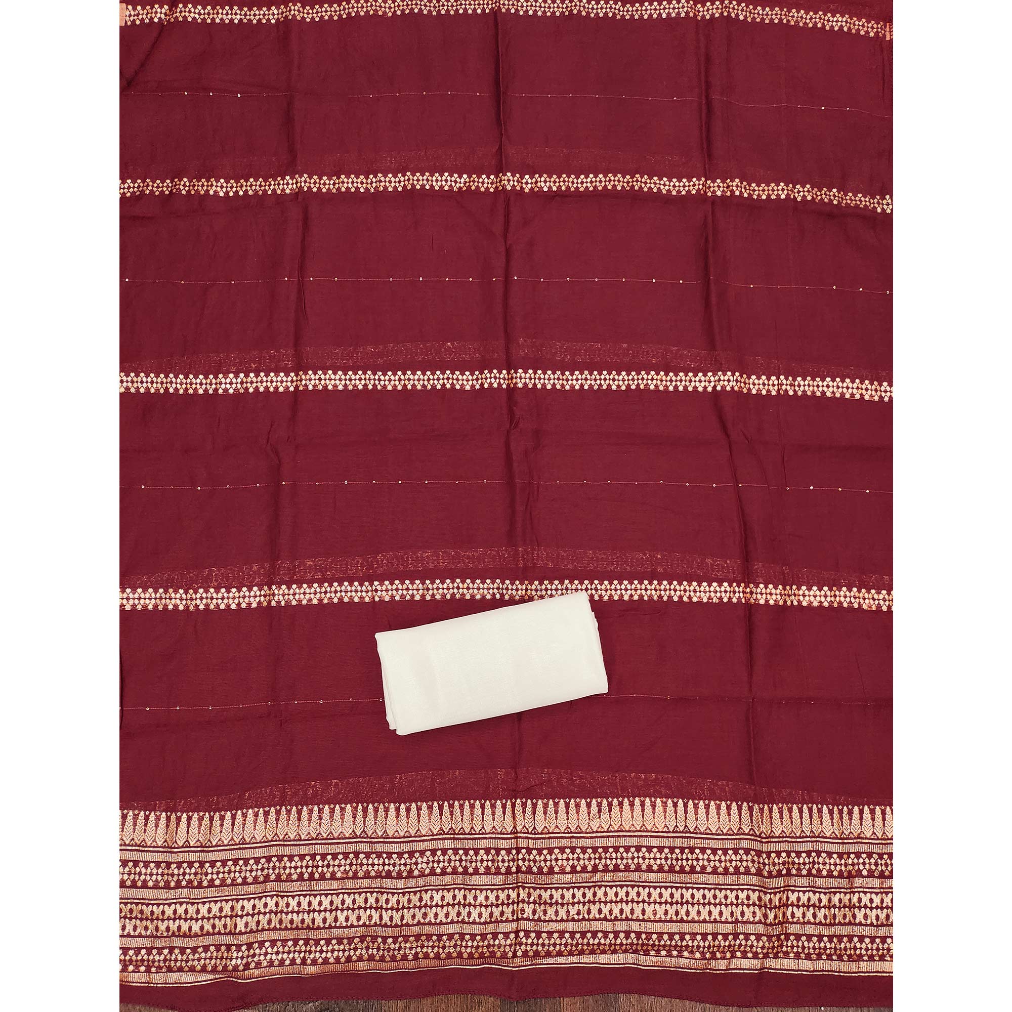 Off-White & Maroon Chanderi Silk Unstitched Dress Material with Zari Weaving and Embroidery