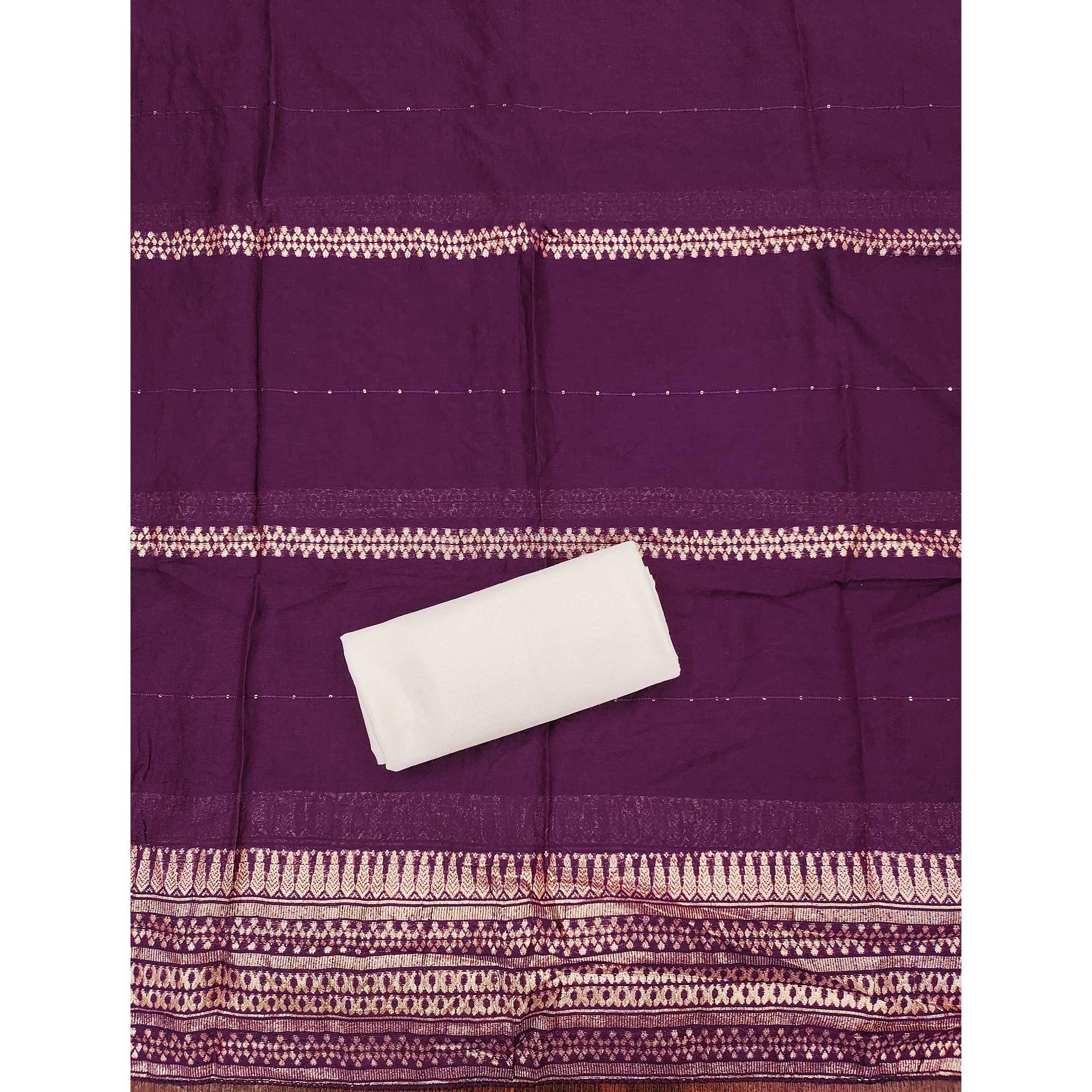 Off-White & Purple Chanderi Silk Unstitched Dress Material with Zari Weaving and Embroidery