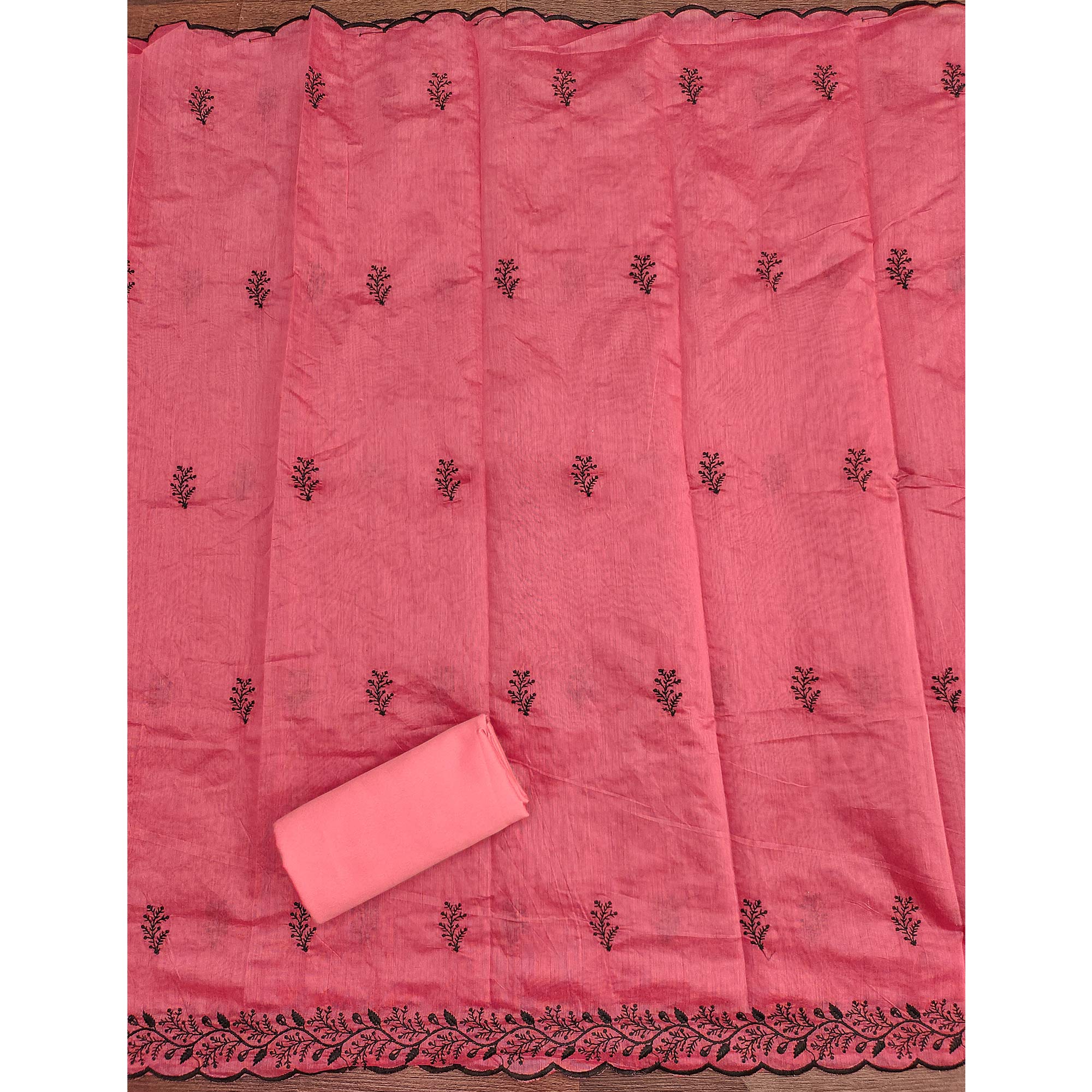 Gajari Pink Chanderi Cotton Dress Material Accented With Delicate Floral Thread Work