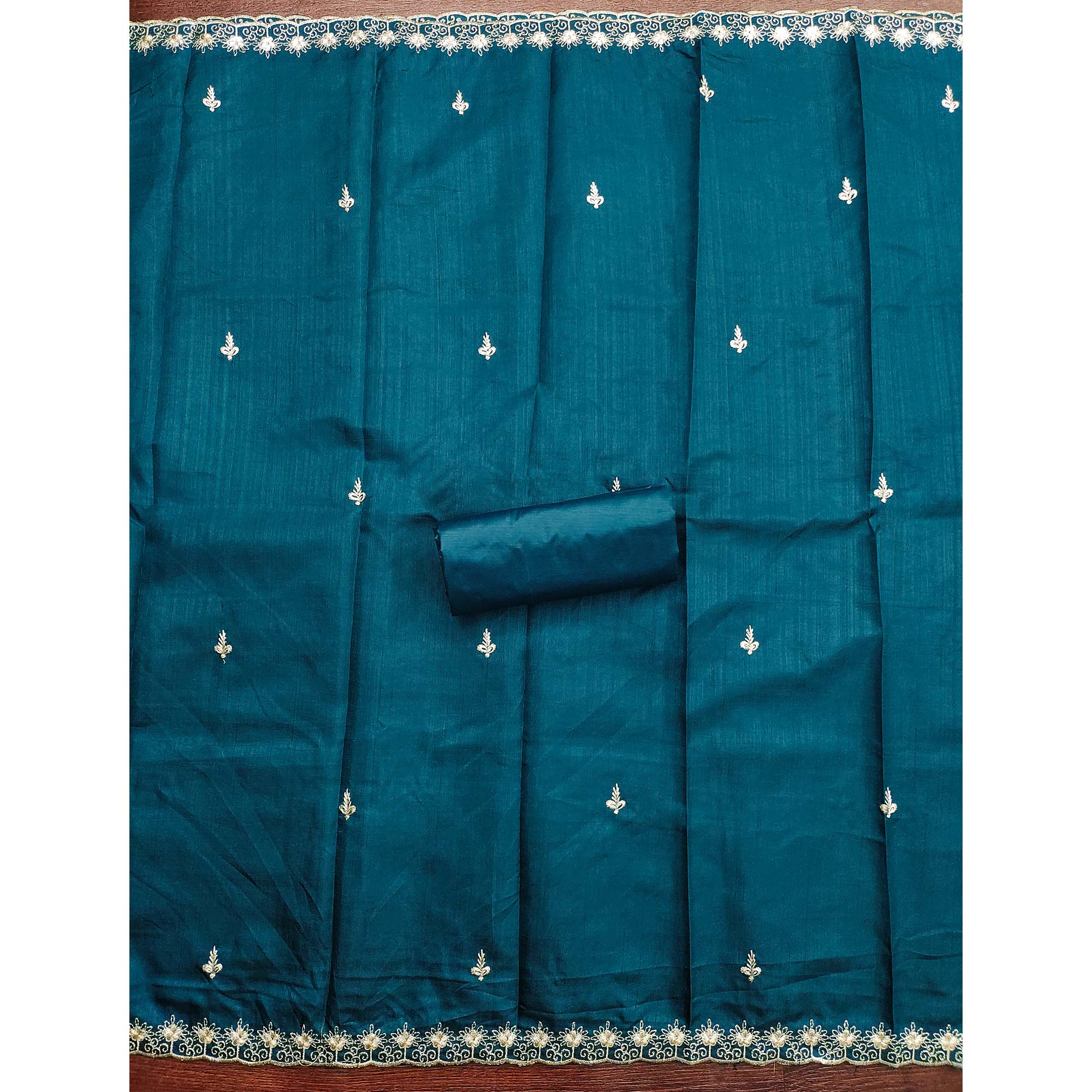 Blue Dress Material In Cotton Blend Featuring Exquisite Floral Embroidery