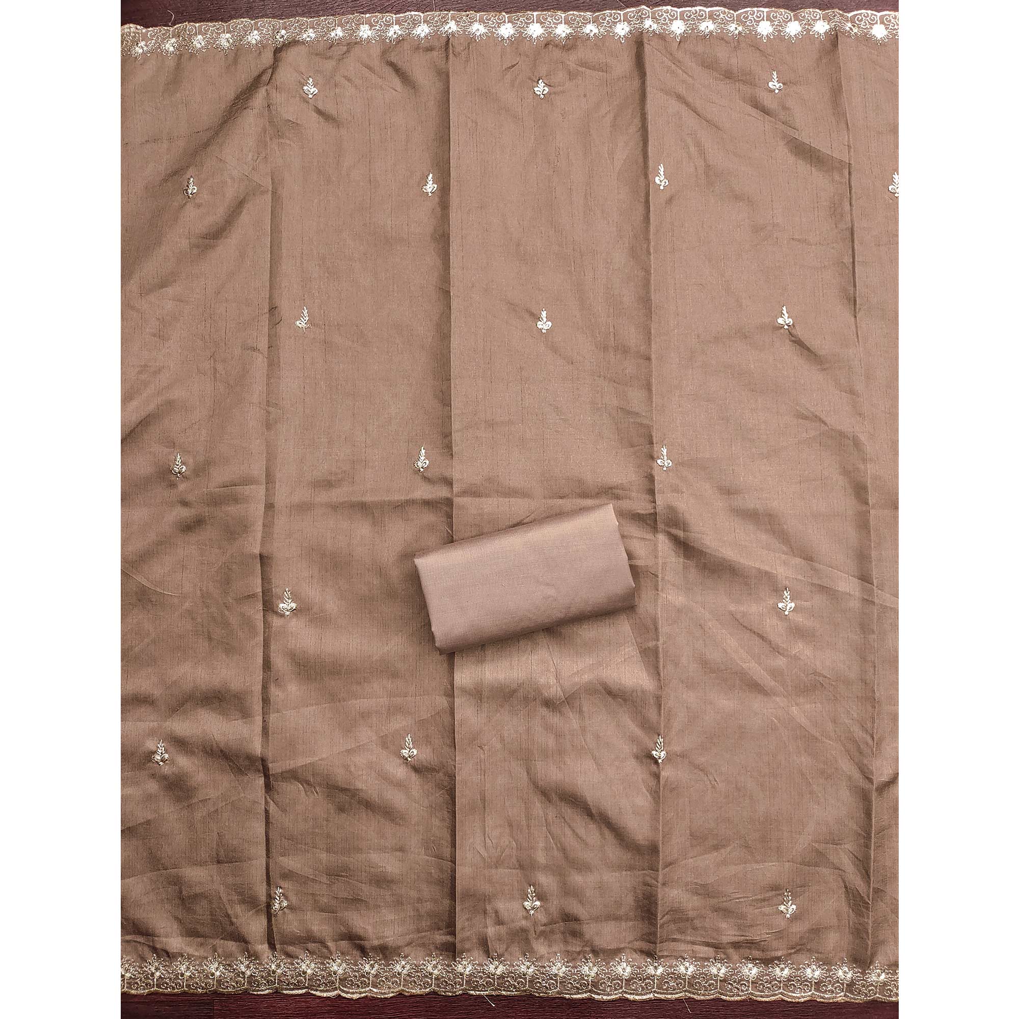 Brown Dress Material In Cotton Blend Featuring Exquisite Floral Embroidery