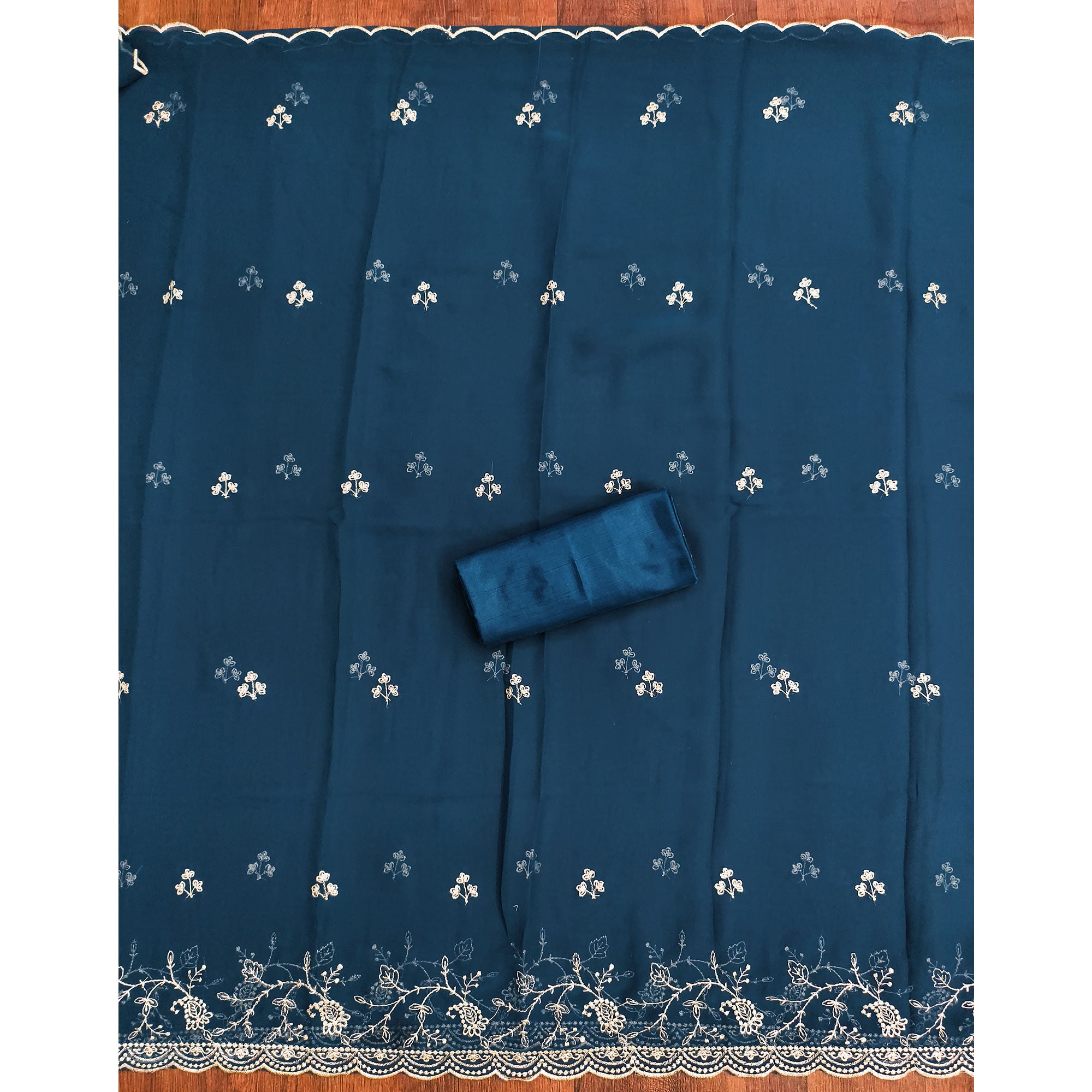 White & Blue Georgette Dress Material Showcasing Elegant Floral Thread Embroidery Work