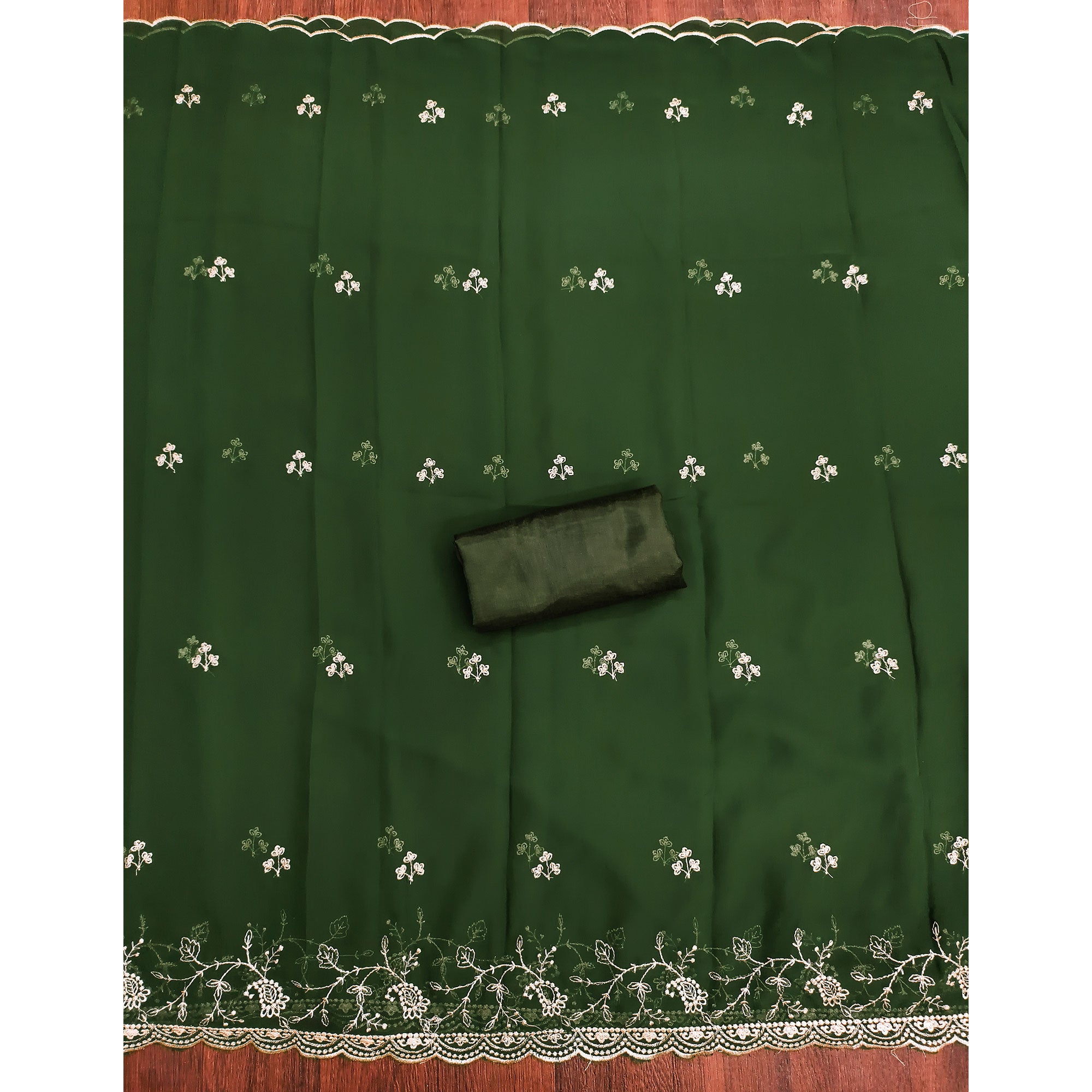 White & Green Georgette Dress Material Showcasing Elegant Floral Thread Embroidery Work