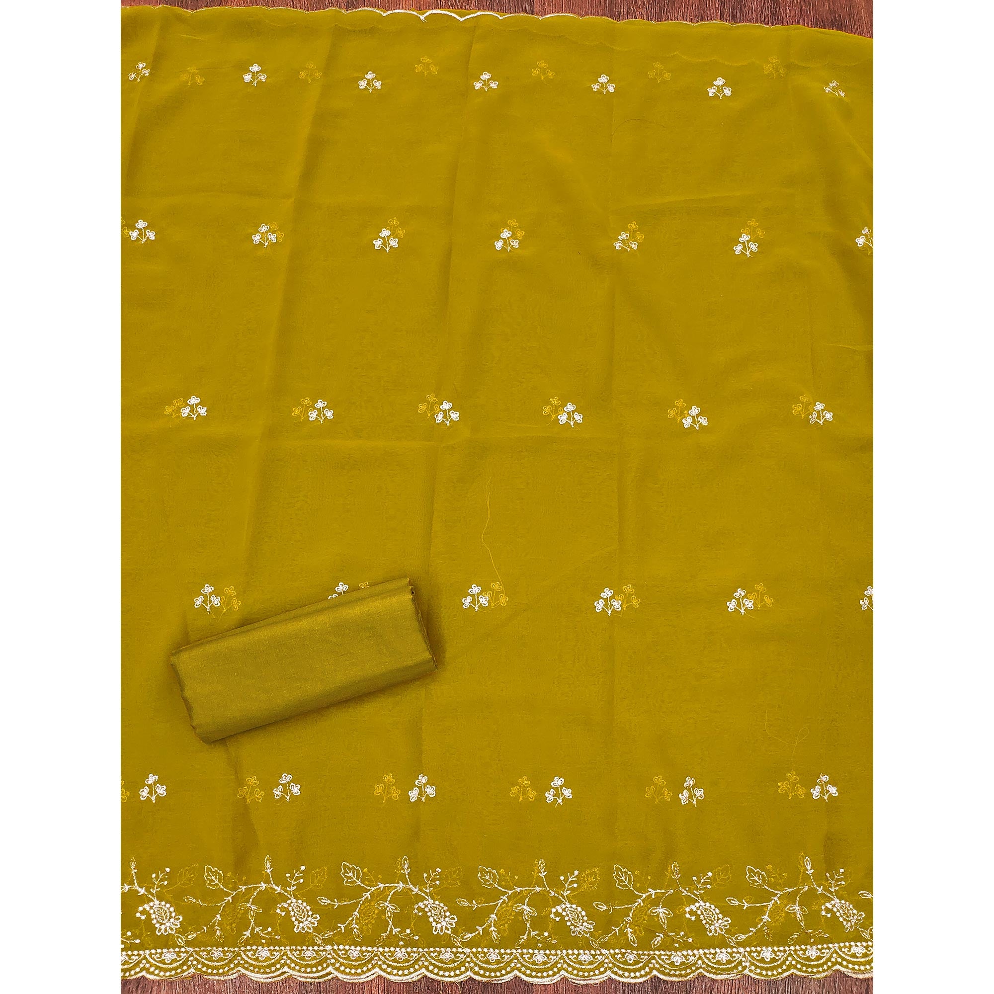 White & Mustard Georgette Dress Material Showcasing Elegant Floral Thread Embroidery Work