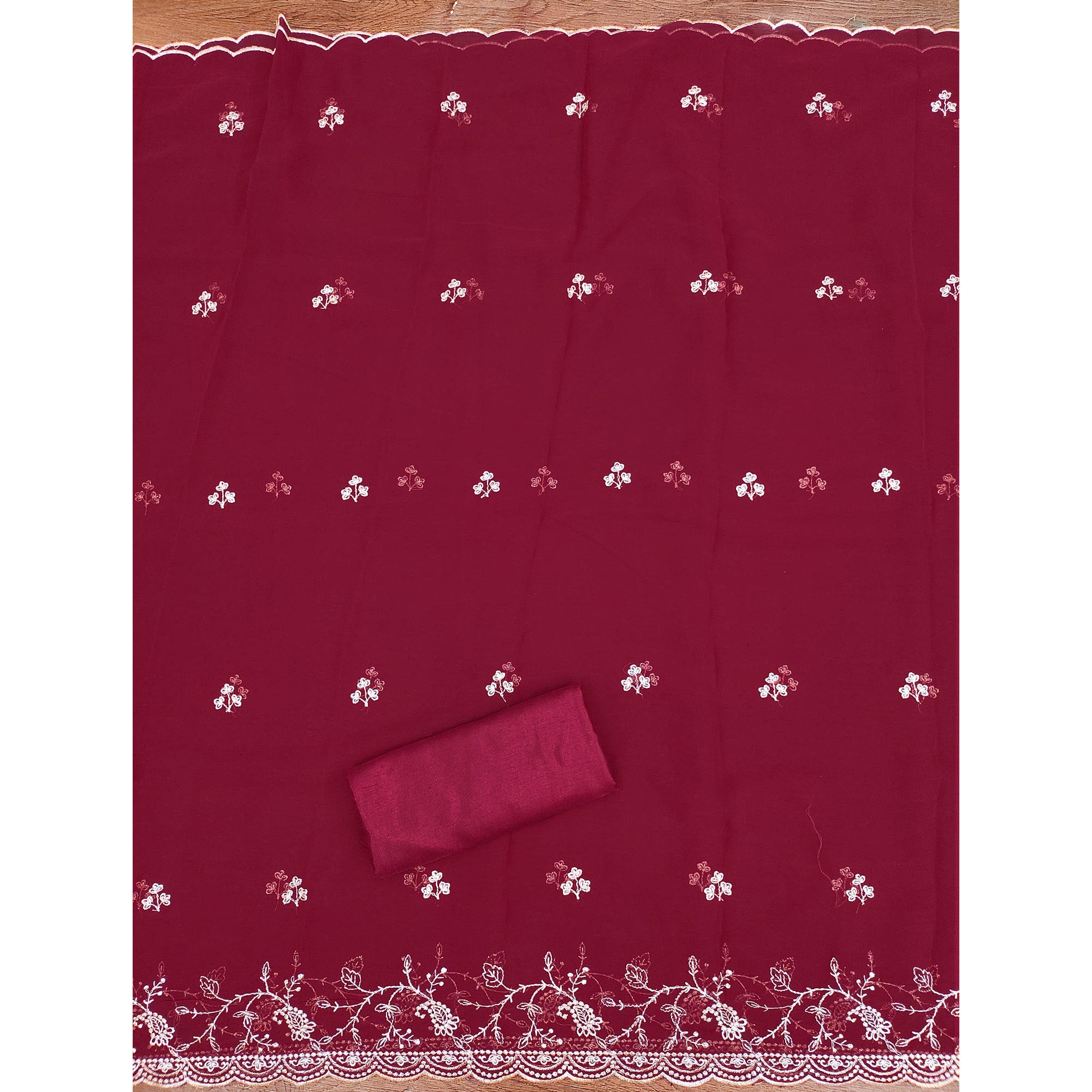 White & Pink Georgette Dress Material Showcasing Elegant Floral Thread Embroidery Work