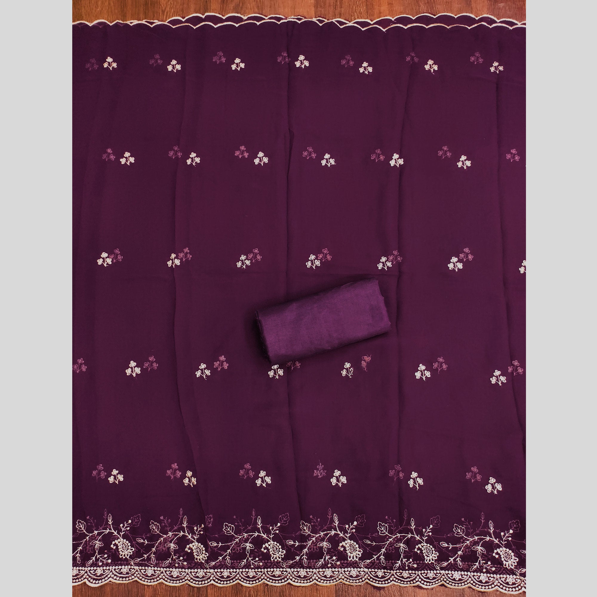 White & Wine Georgette Dress Material Showcasing Elegant Floral Thread Embroidery Work