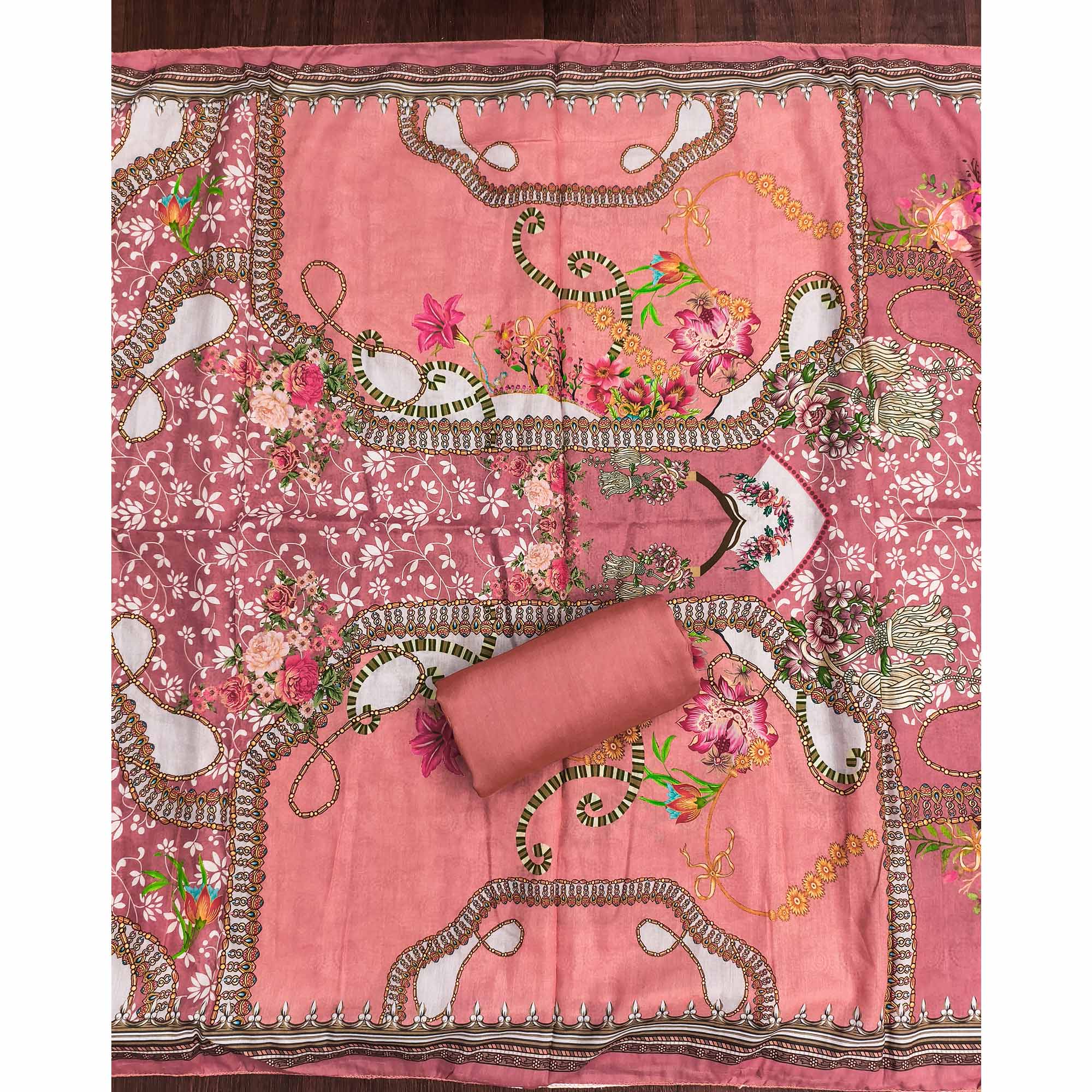 Gajari Pink Muslin Dress Material Featuring Elegant Floral Digital Print With Swarovski Work