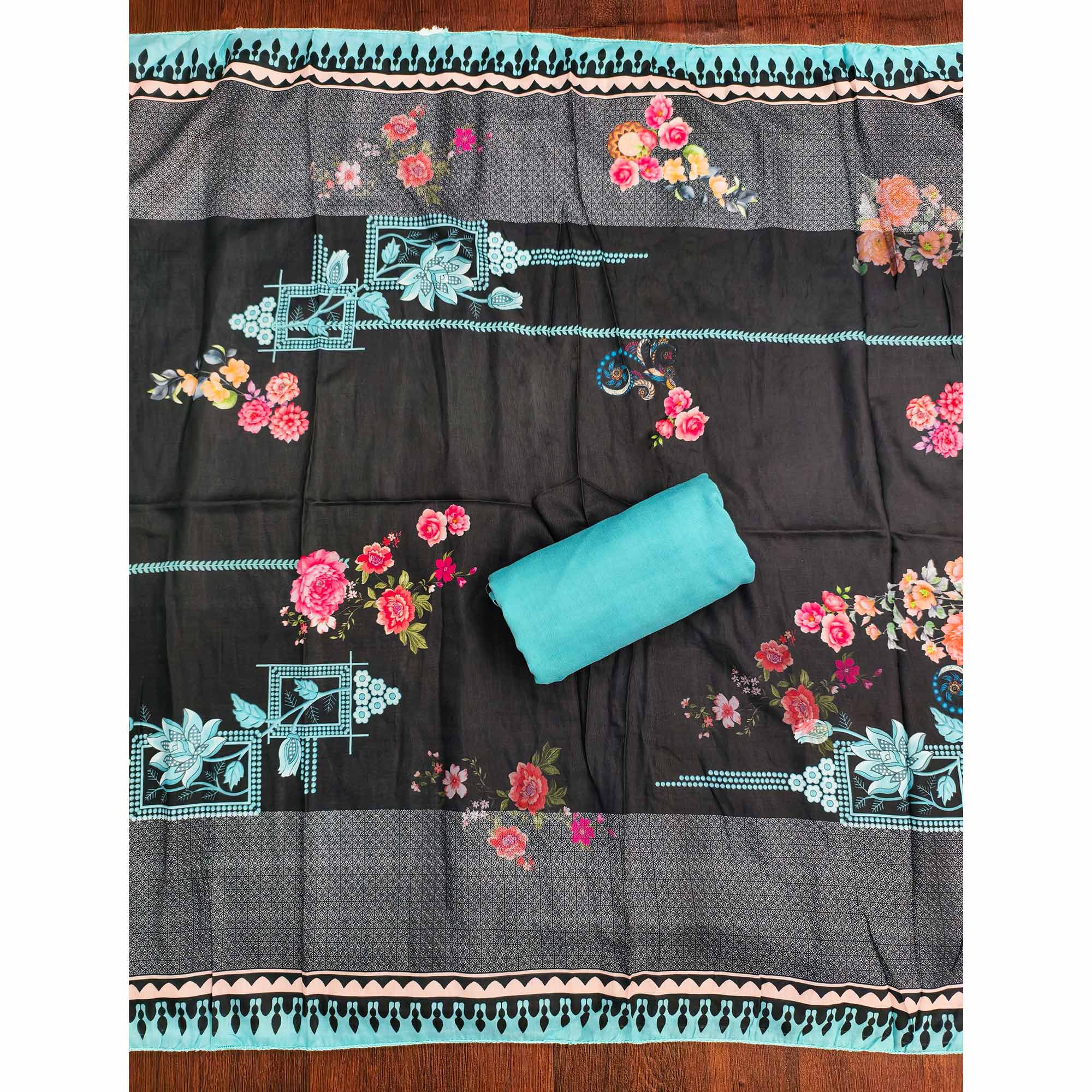 Charming Blue Floral Digital Printed Muslin Dress Material With Subtle Swarovski Work