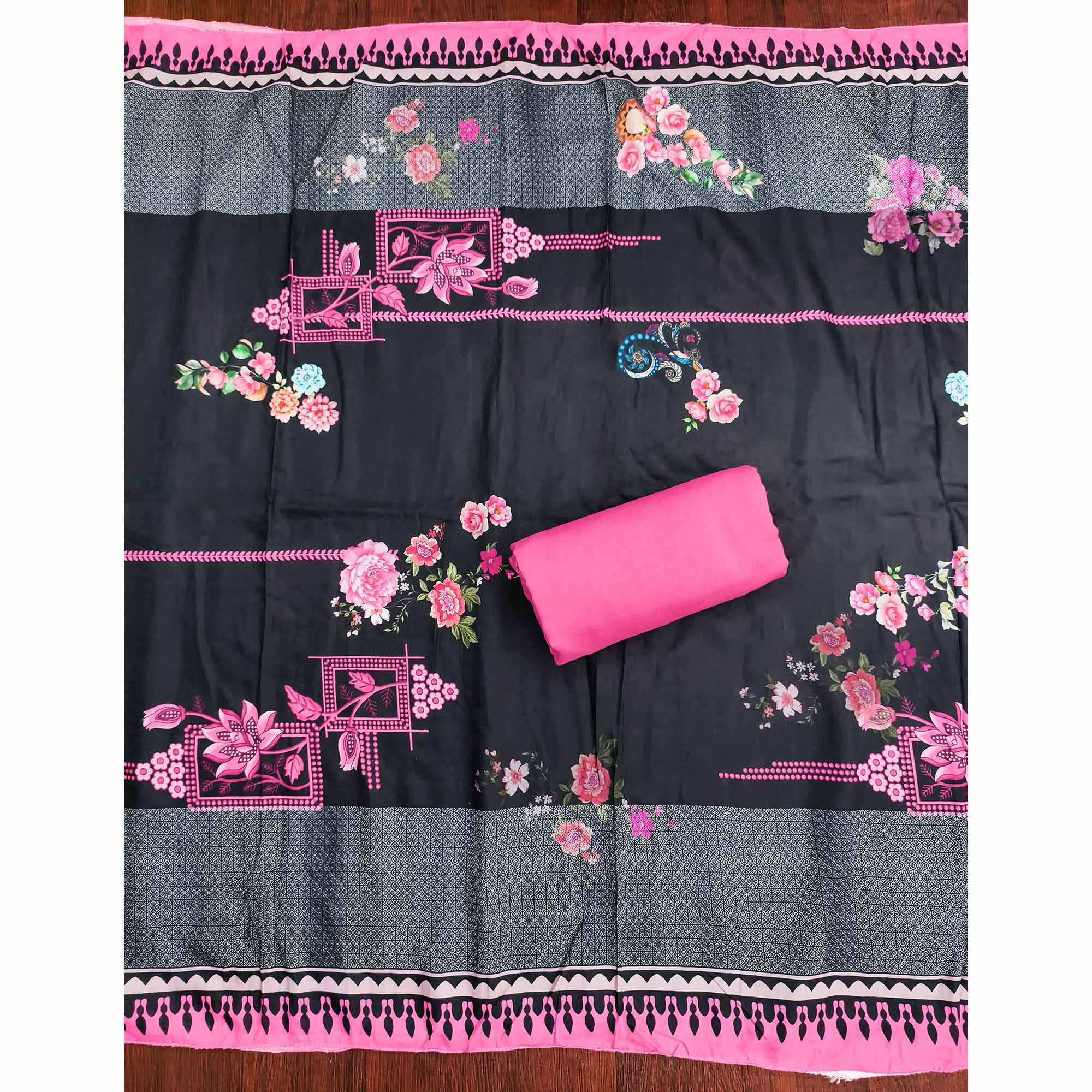 Charming Pink Floral Digital Printed Muslin Dress Material With Subtle Swarovski Work