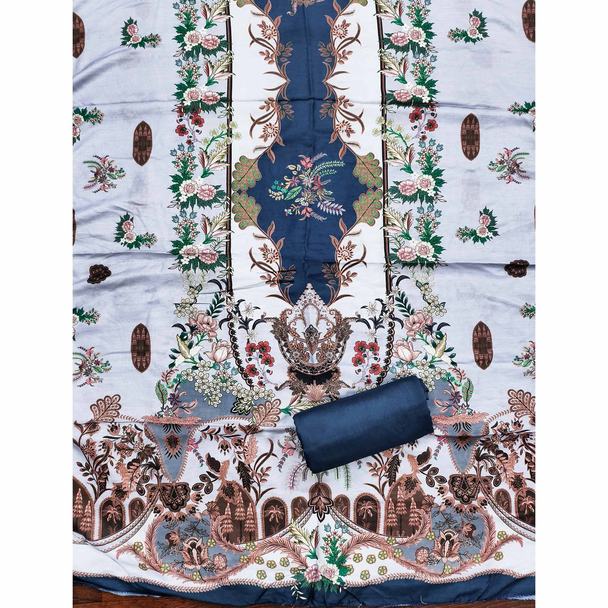 Grey Floral Digital Printed Muslin Dress Material Enhanced With Shimmering Swarovski Work