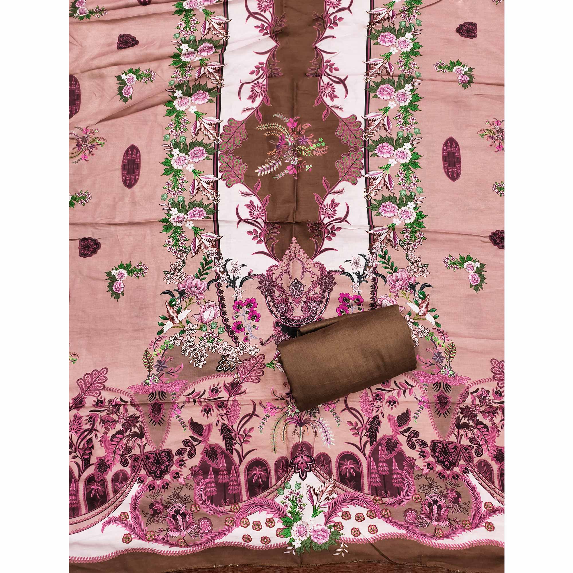 Peach Floral Digital Printed Muslin Dress Material Enhanced With Shimmering Swarovski Work