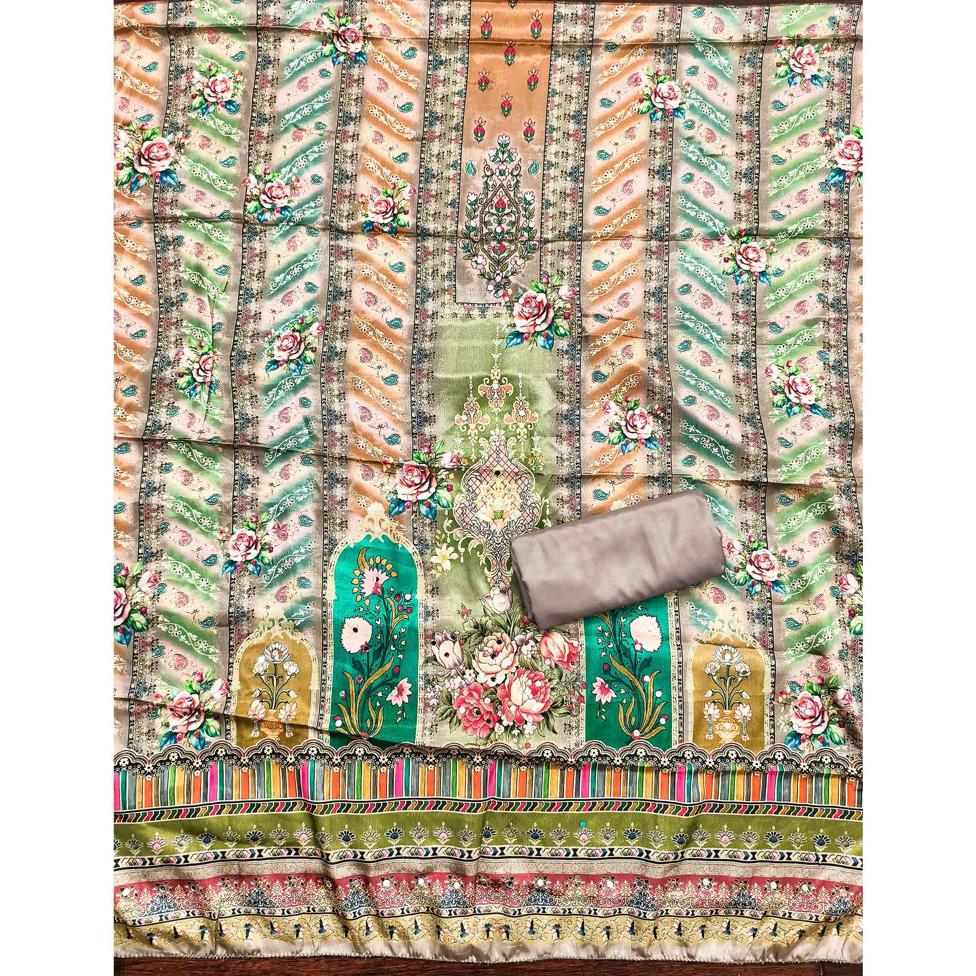 Grey Muslin Dress Material Featuring Graceful Floral Digital Print Embellished With Mirror Work