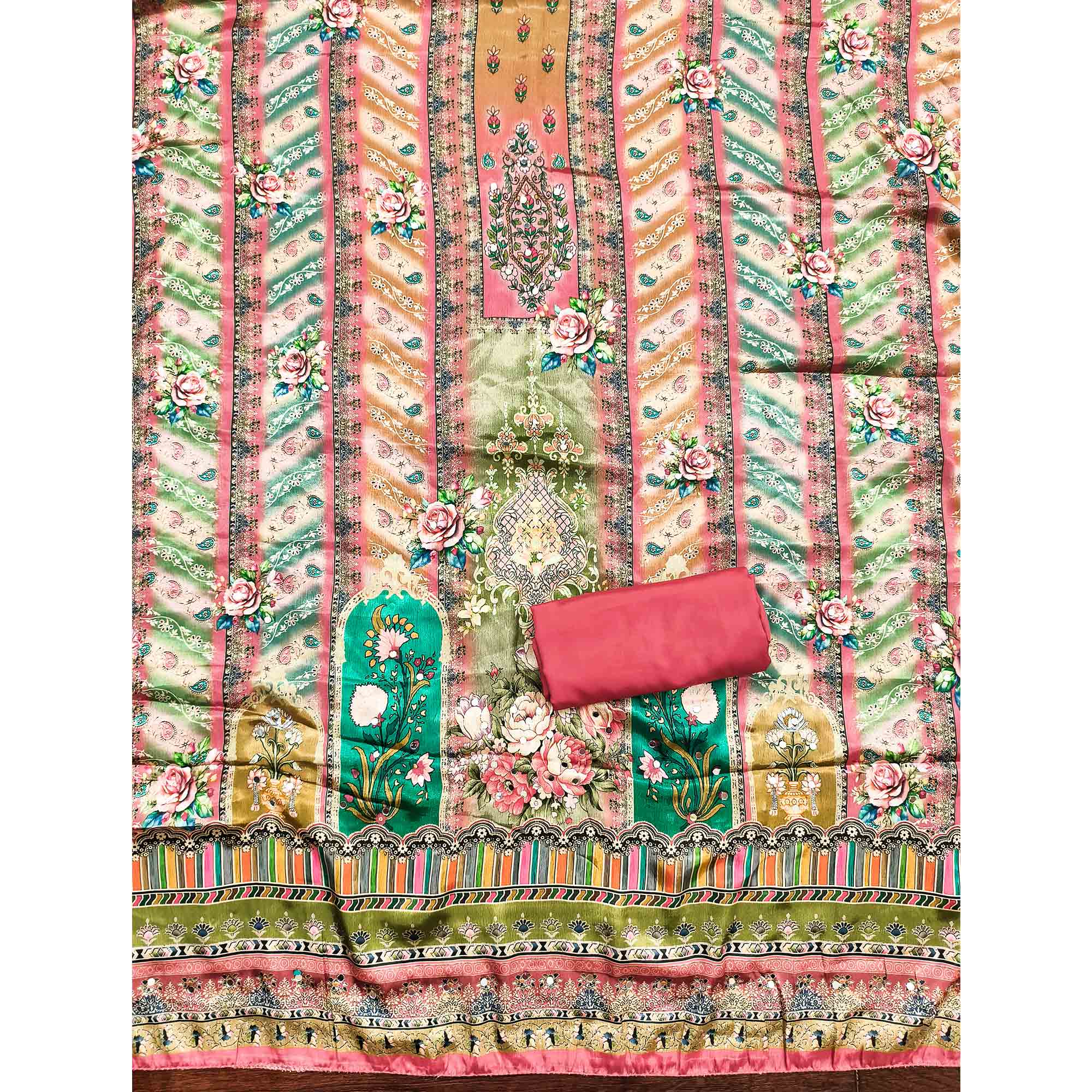 Pink Muslin Dress Material Featuring Graceful Floral Digital Print Embellished With Mirror Work