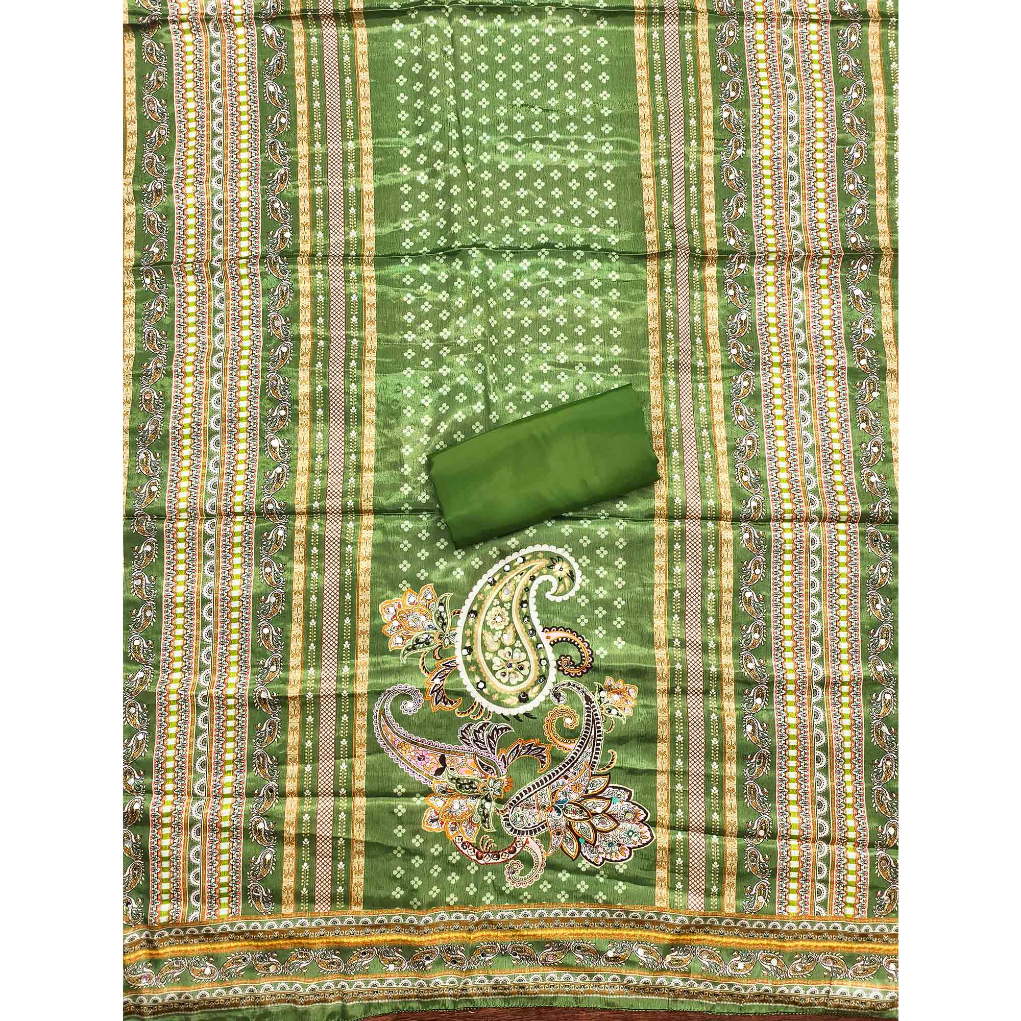 Soothing Green Floral Digital Printed Dress Material Crafted From Muslin With Mirror Work