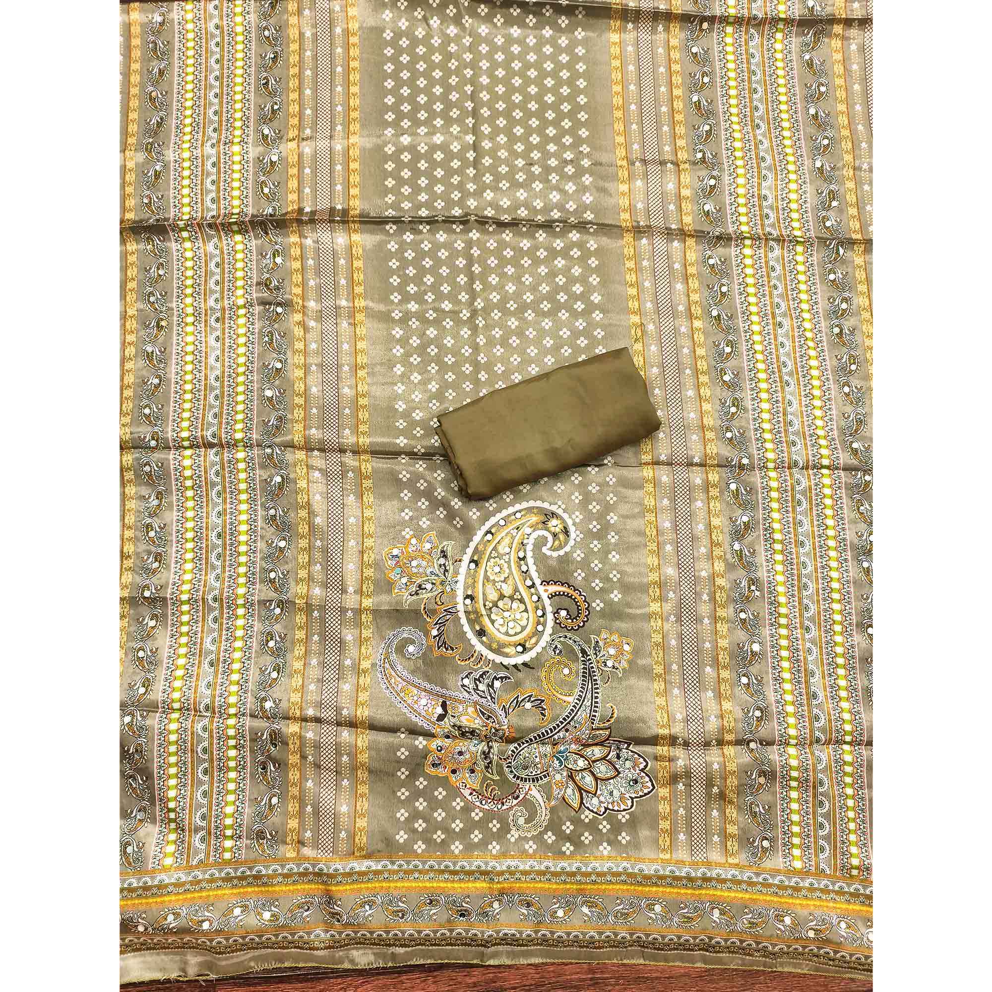 Soothing Mehendi Green Floral Digital Printed Dress Material Crafted From Muslin With Mirror Work